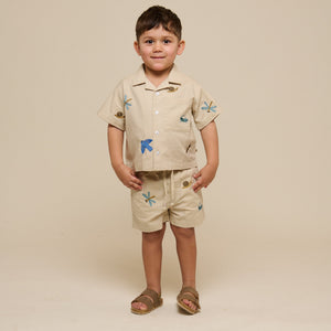 Geborduurd Katoenen Overhemd met Korte Mouwen - Kids - Light Beige | 101061 Erik