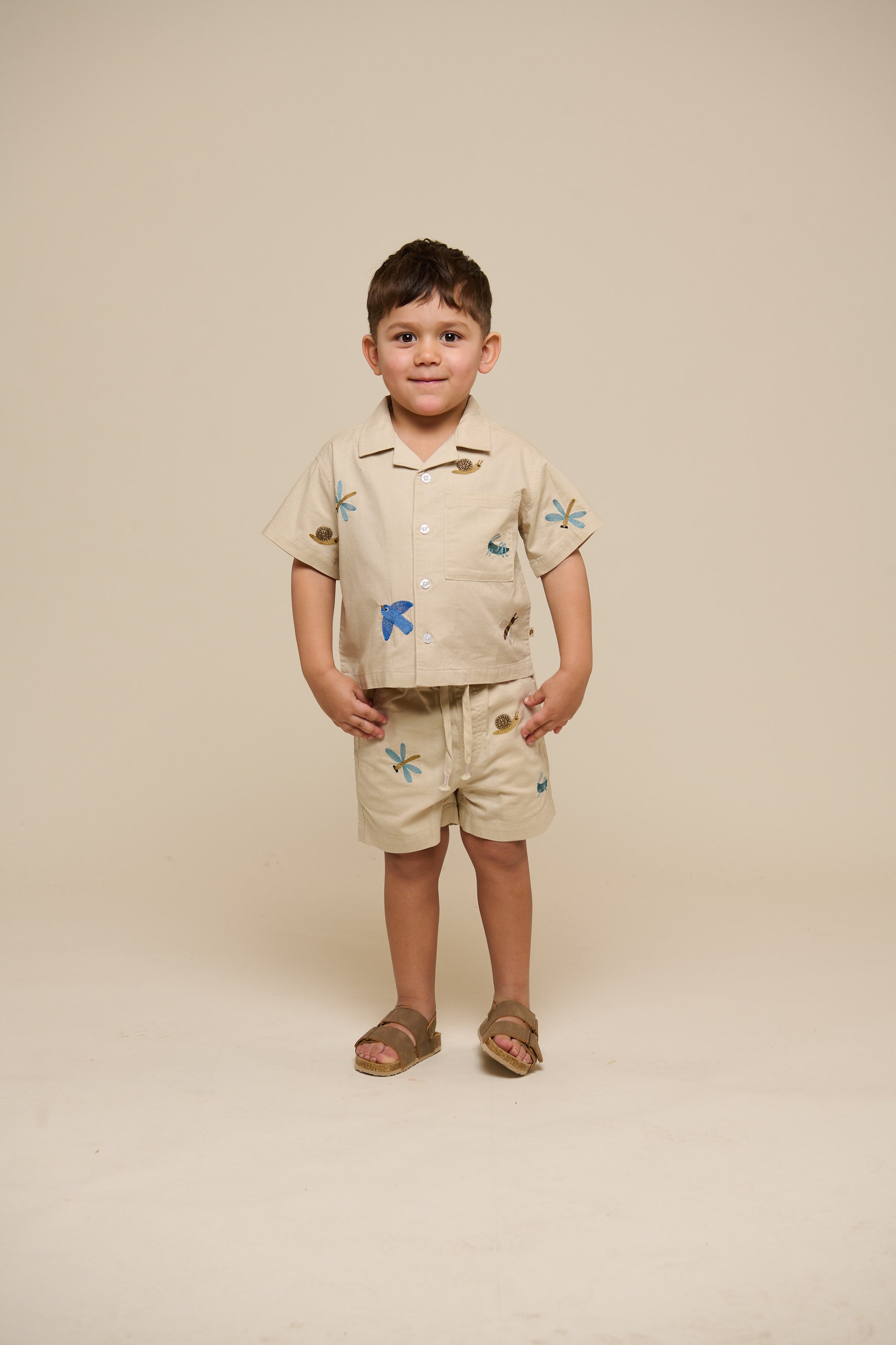 Geborduurd Katoenen Overhemd met Korte Mouwen - Kids - Light Beige | 101061 Erik
