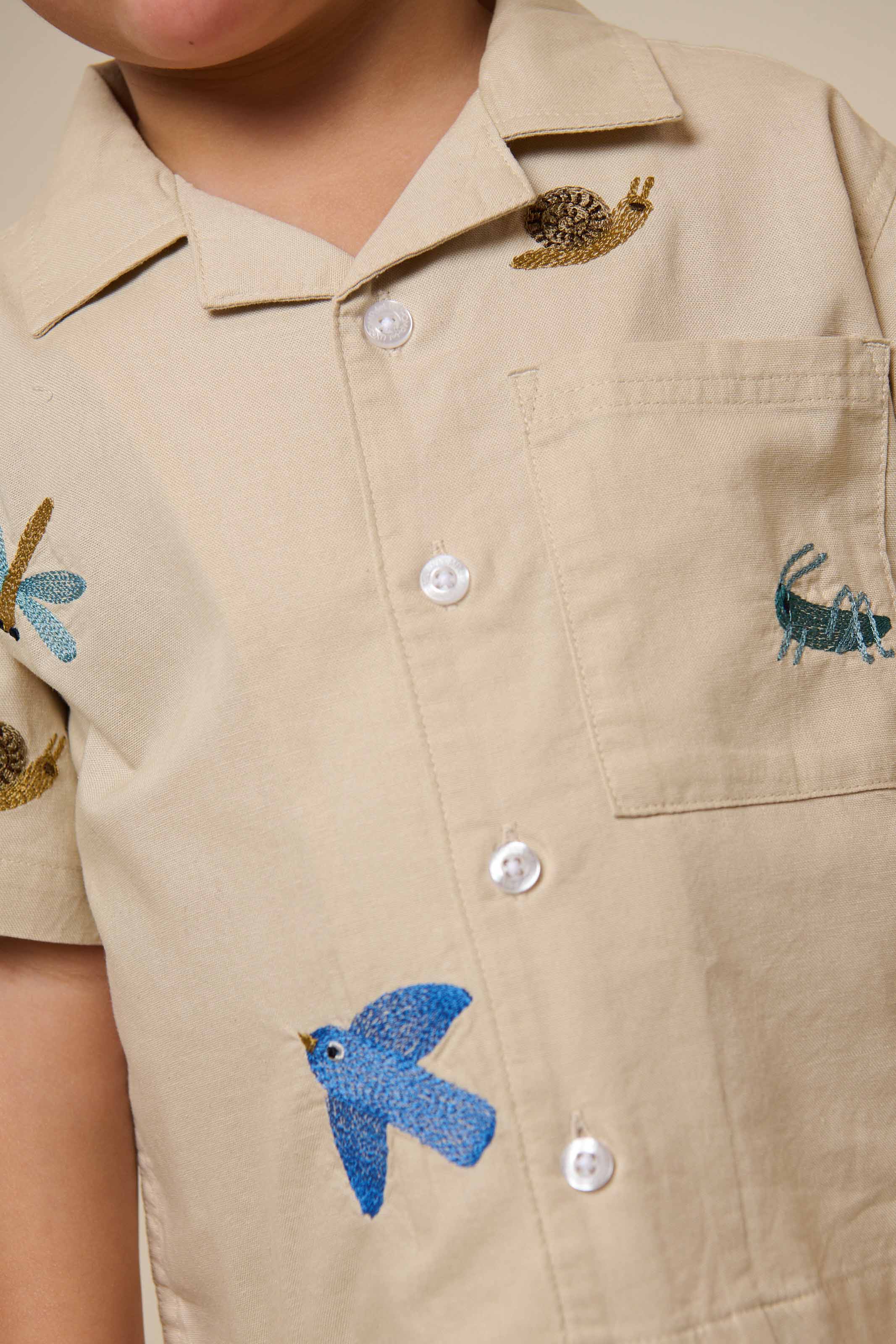 Geborduurd Katoenen Overhemd met Korte Mouwen - Kids - Light Beige | 101061 Erik