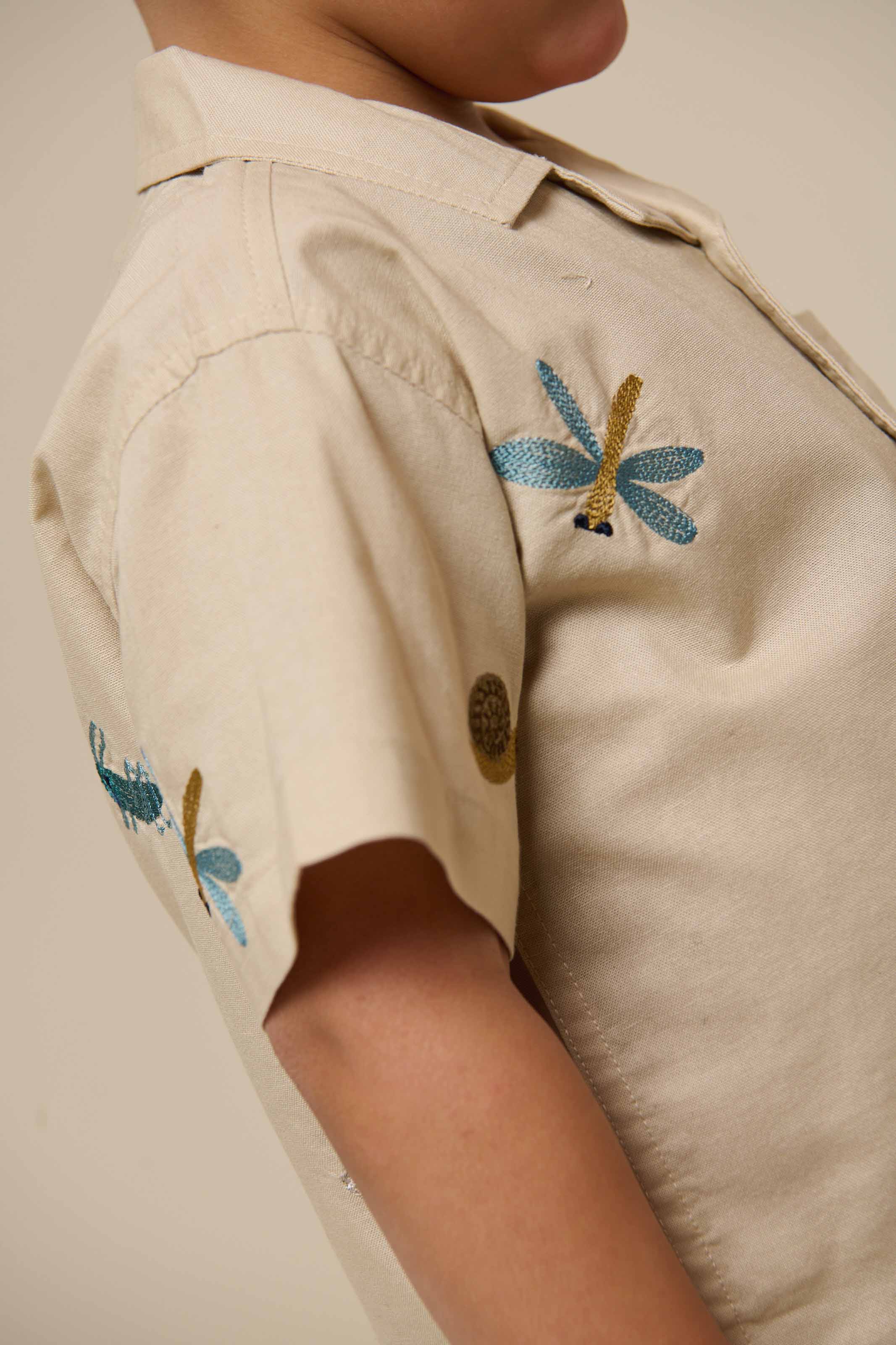 Geborduurd Katoenen Overhemd met Korte Mouwen - Kids - Light Beige | 101061 Erik