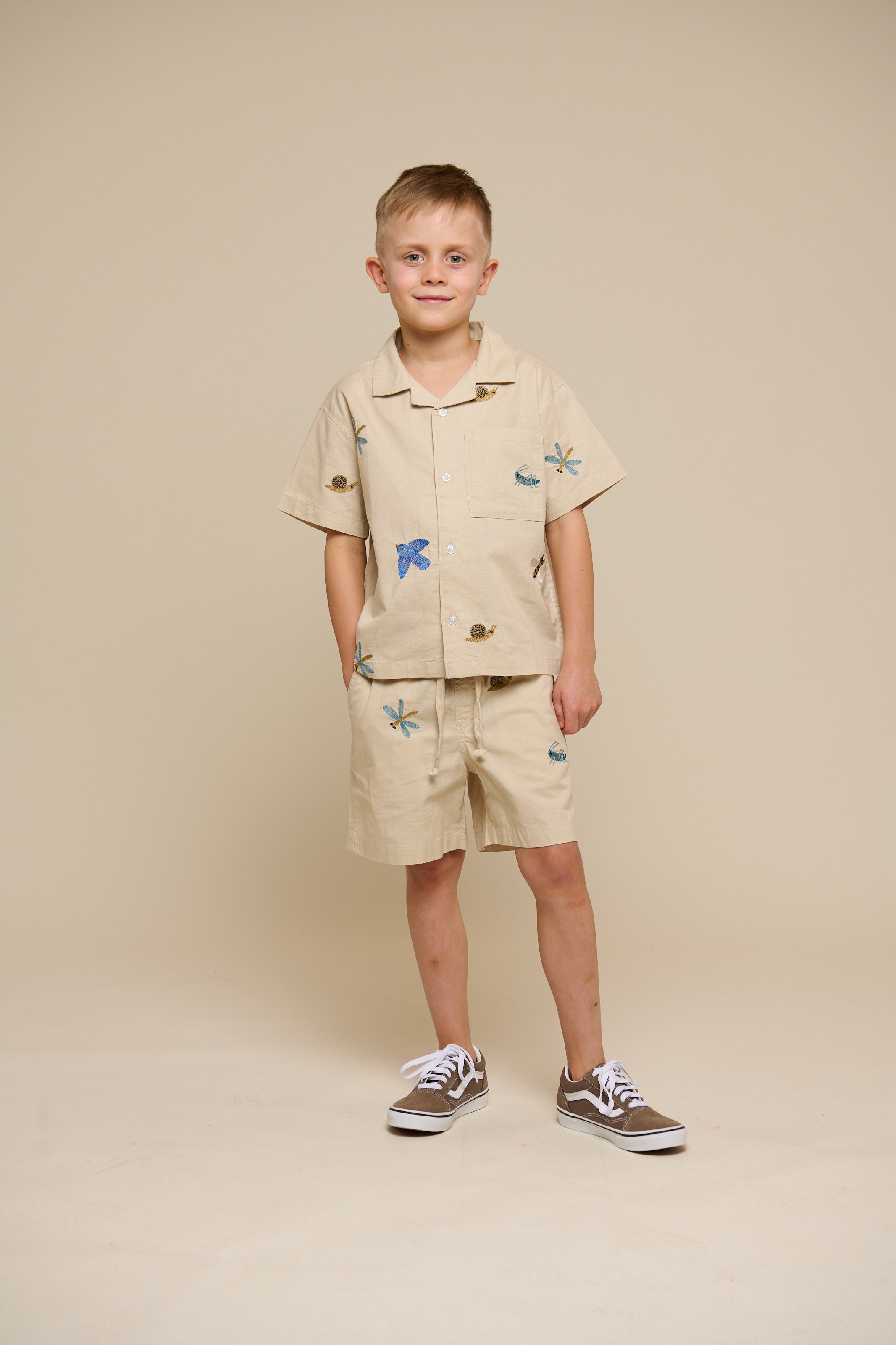 Geborduurd katoenen overhemd met korte mouwen - Tween - Light Beige | 101096 Erik