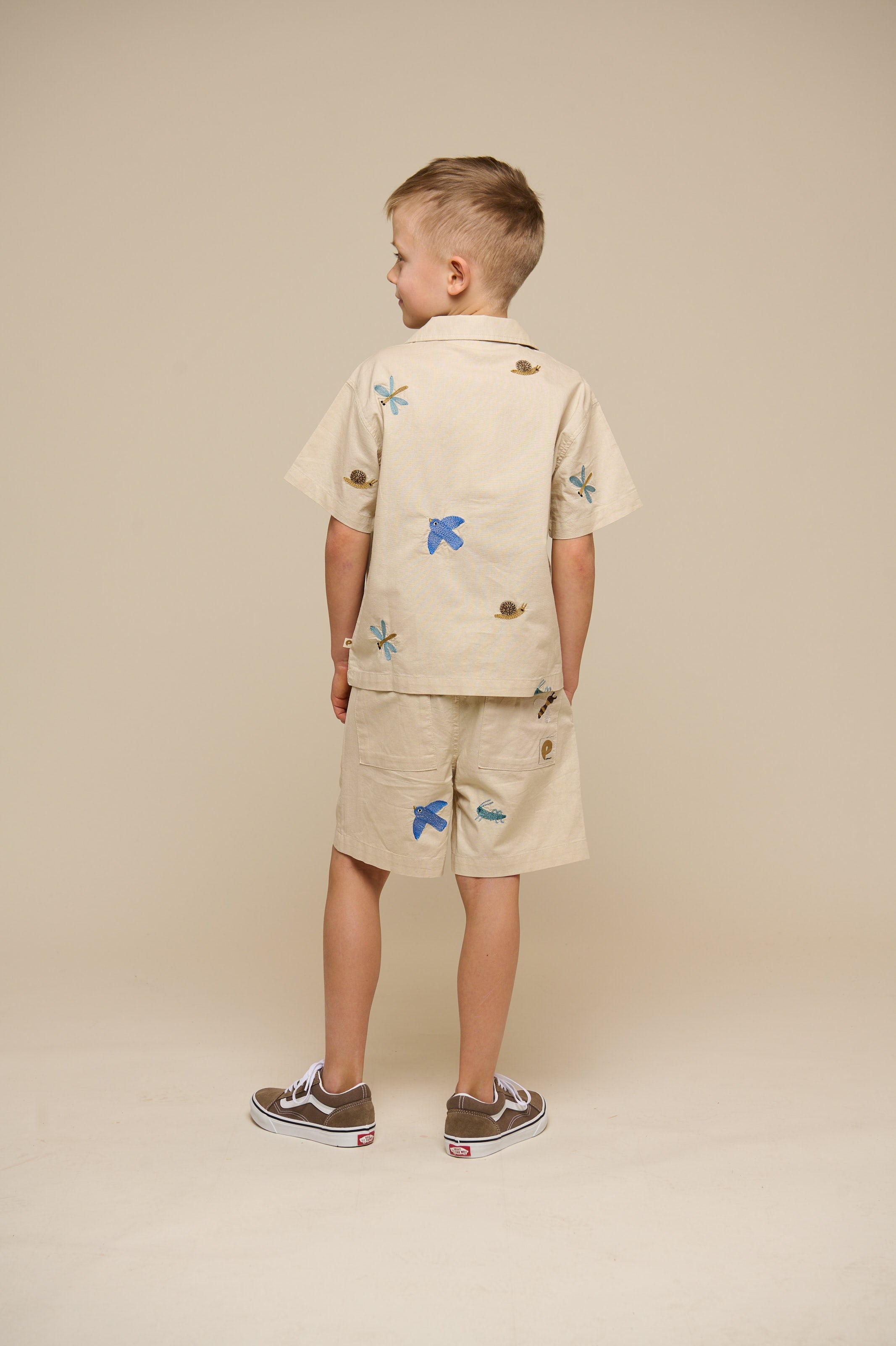 Geborduurd katoenen overhemd met korte mouwen - Tween - Light Beige | 101096 Erik