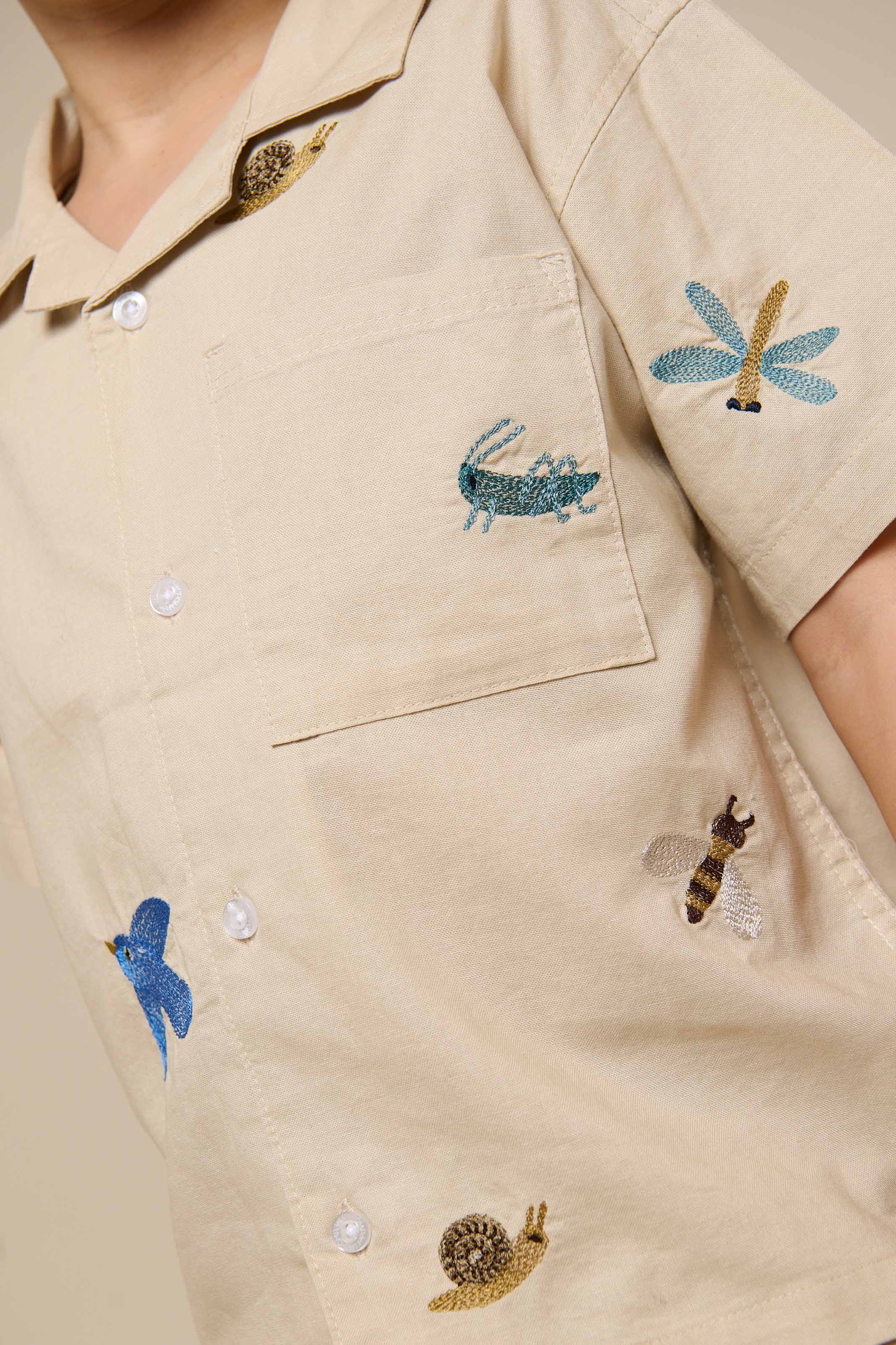 Geborduurd katoenen overhemd met korte mouwen - Tween - Light Beige | 101096 Erik