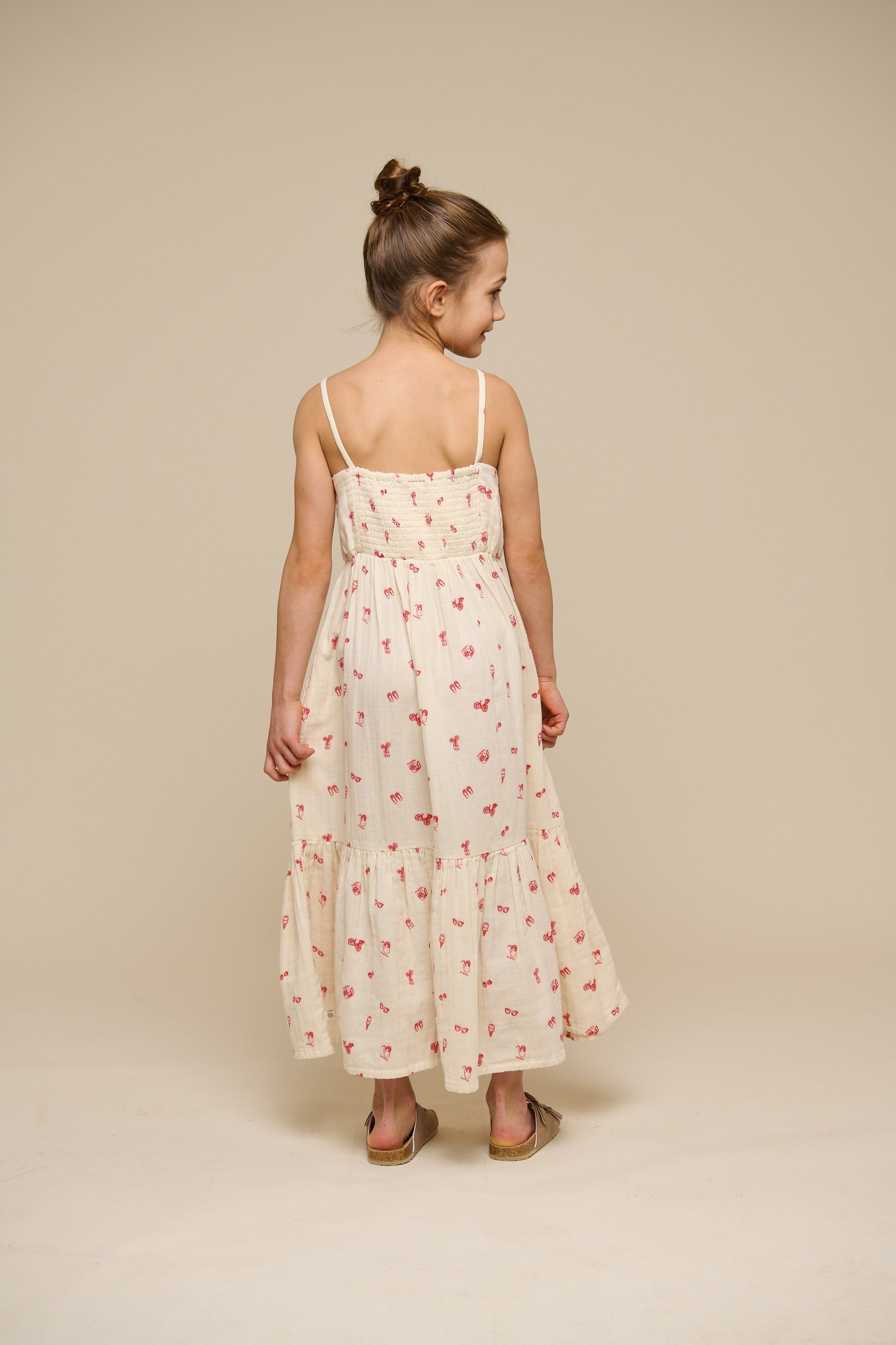 Bedrukte gaas midi bandjesjurk - Tween - Offwhite/Cherry Red | 100974 Fiona