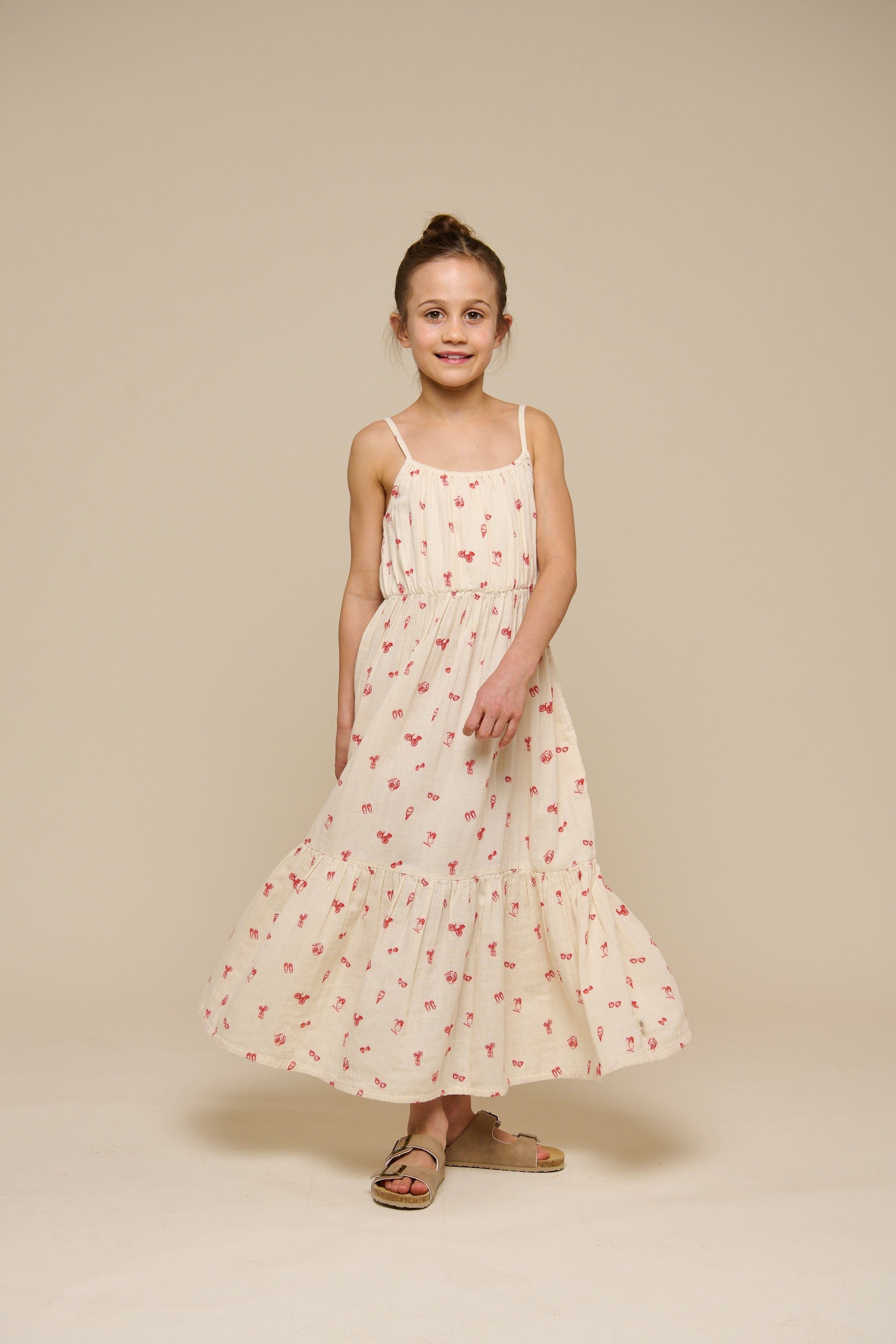 Bedrukte gaas midi bandjesjurk - Tween - Offwhite/Cherry Red | 100974 Fiona