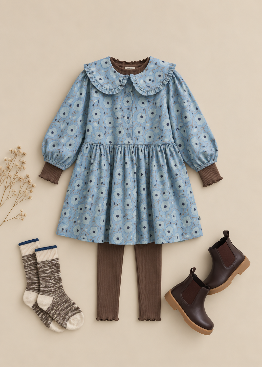 Gebloemde katoenen jurk met rucheskraag Kids - Blue/Brown | 101427 Nova