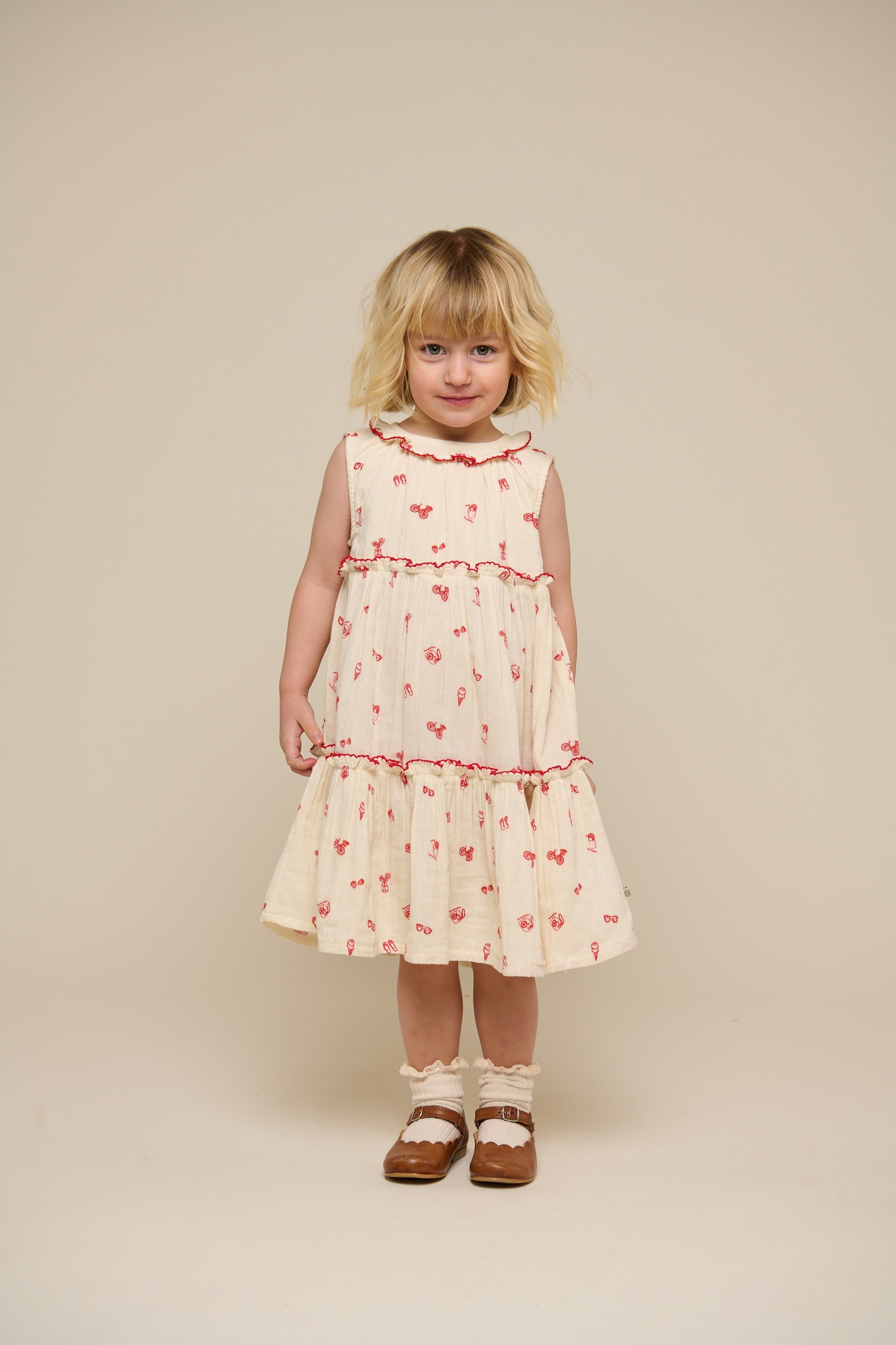 Bedrukte Gaasjurk met Kraag - Kids - Offwhite/Cherry Red | 100975 Fiona