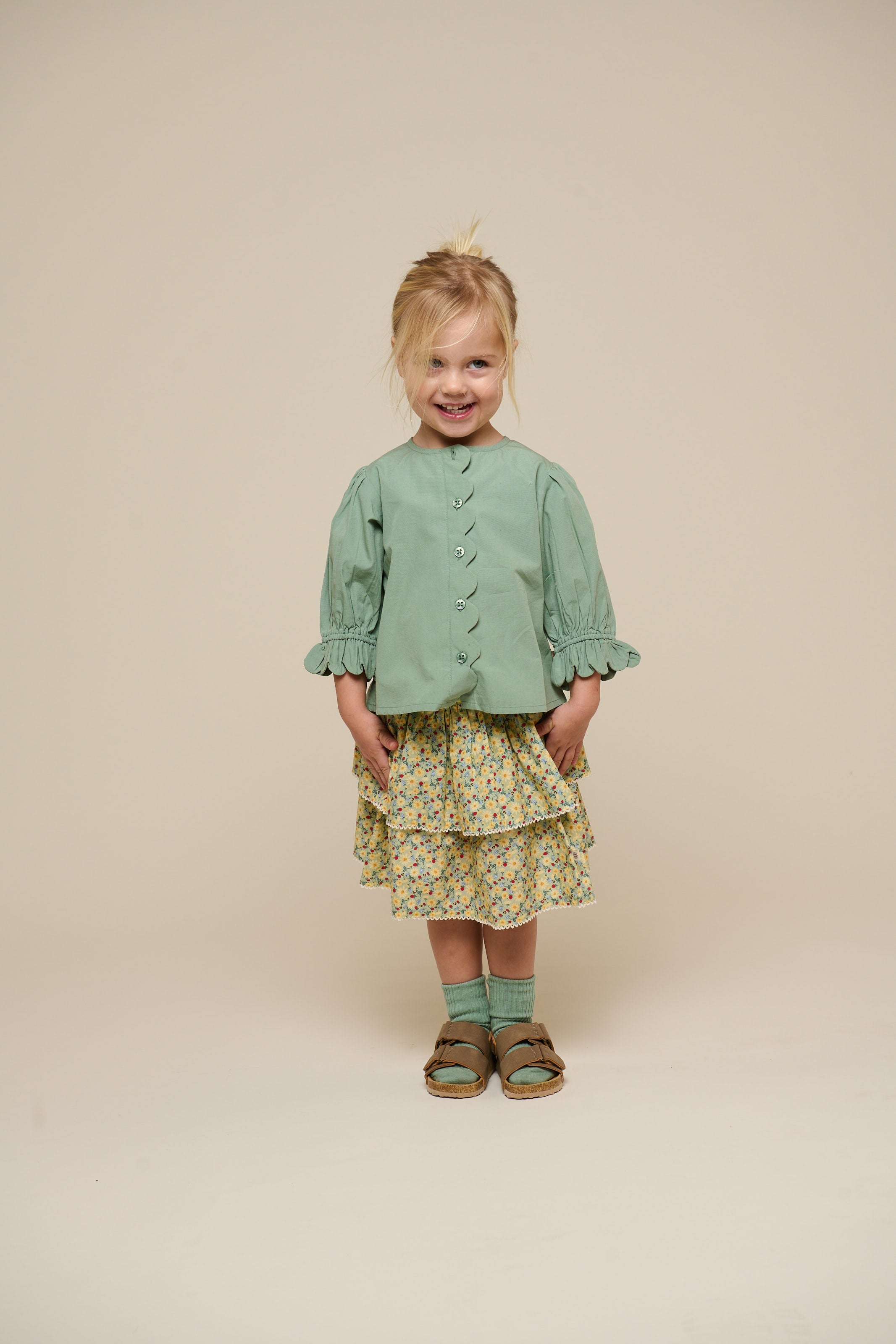 Popeline Blouse met Geschulpte Rand - Kids - Dusty Green | 101047 Joy