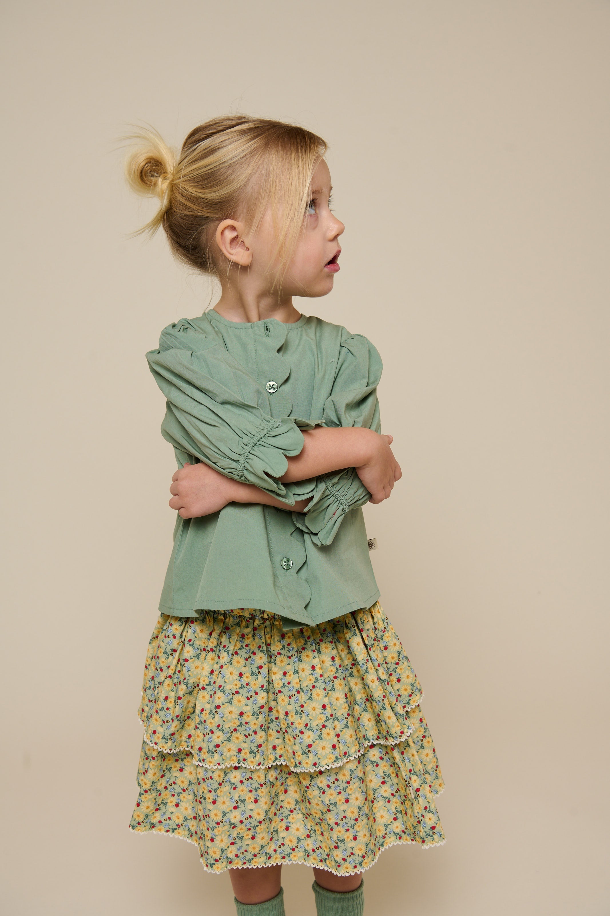 Popeline Blouse met Geschulpte Rand - Kids - Dusty Green | 101047 Joy