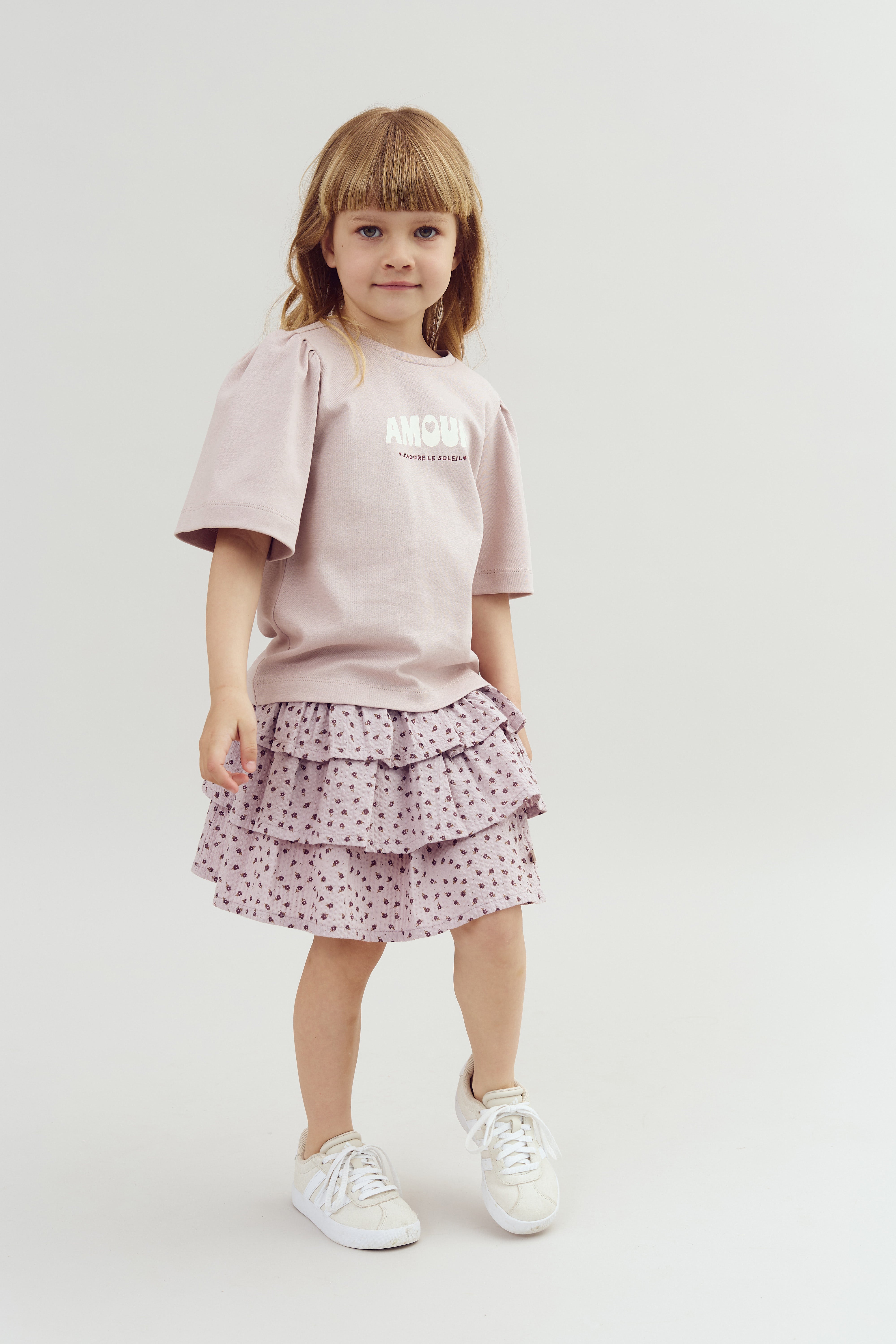 T-shirt met pofmouwen en print - Light Purple | 100258 Rosa