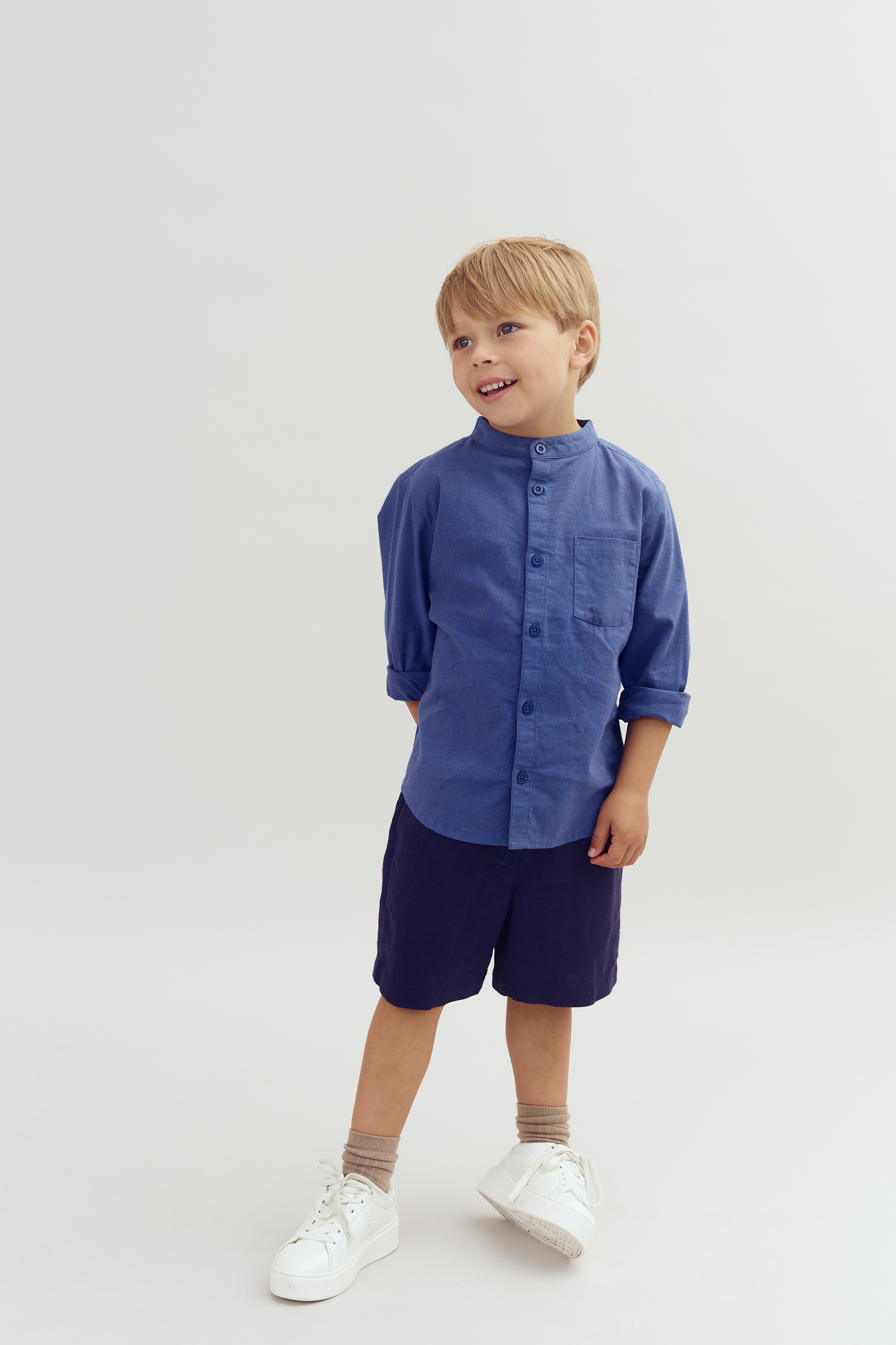 Linnen overhemd met opstaande kraag - Dusty Cobalt | 100174 Pelle