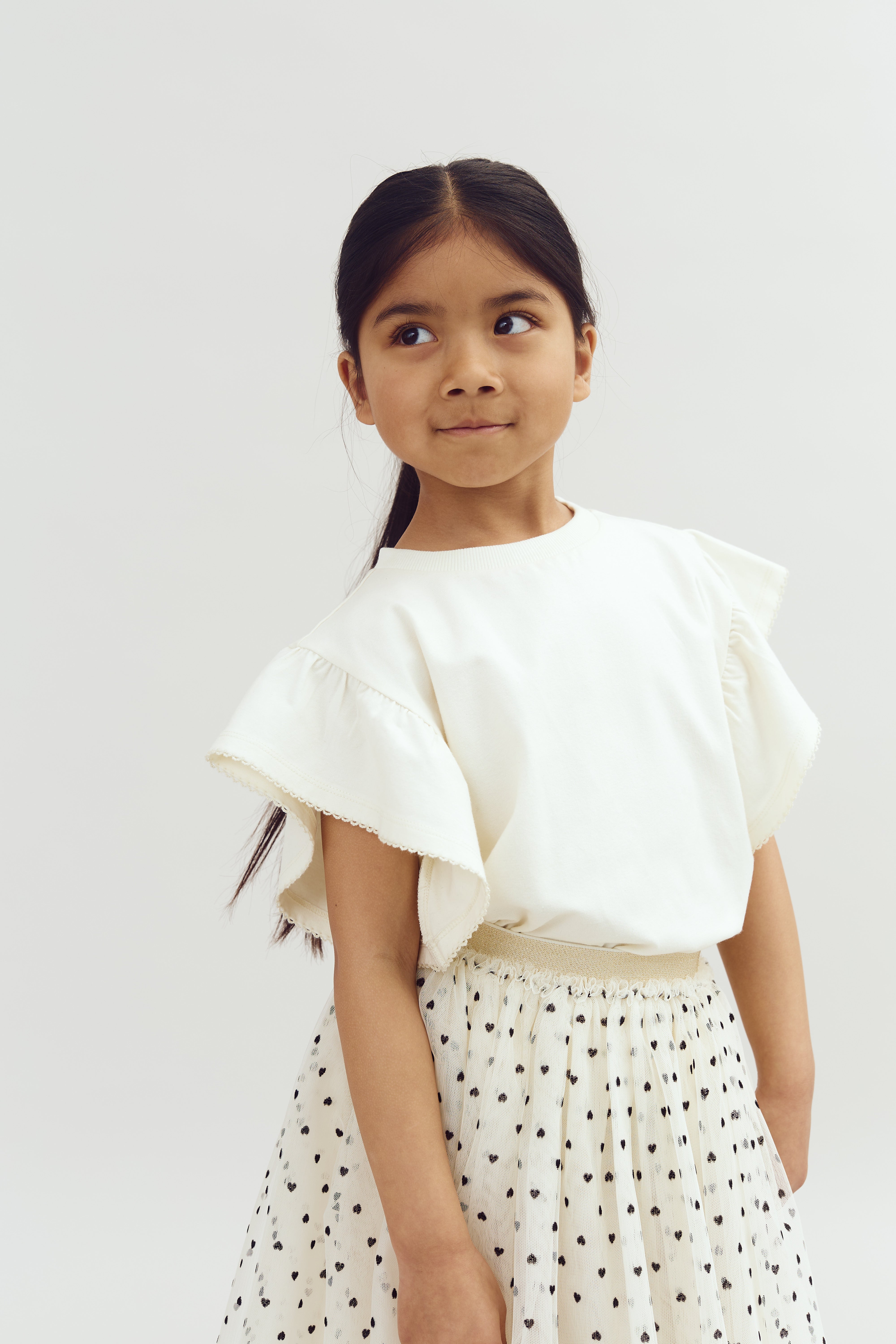 T-shirt met ruchesmouwen en picotsteek - Off White | 100254 Vilde