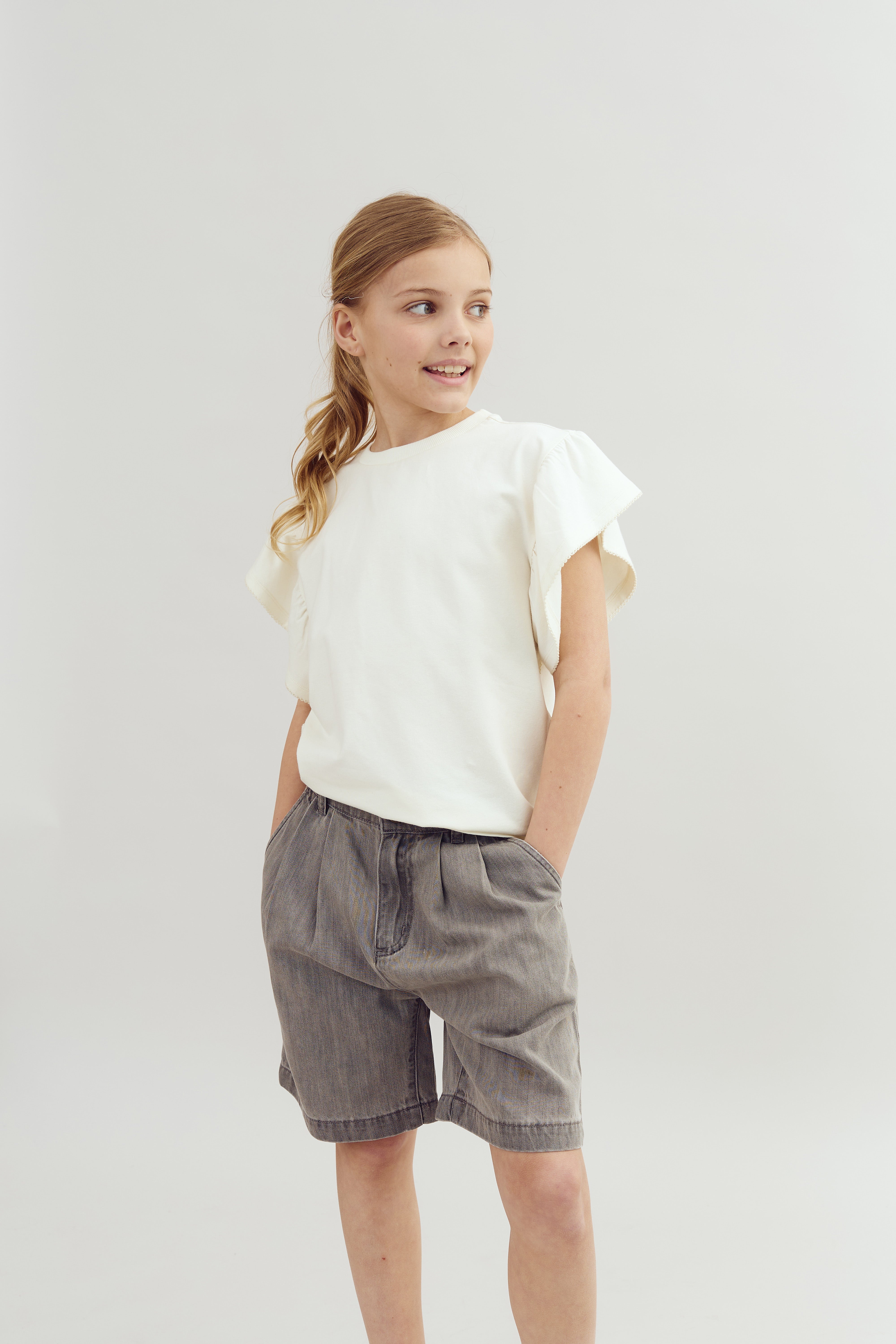 T-shirt met ruchesmouwen en picotsteek - Tween - Off White | 100383 Vilde
