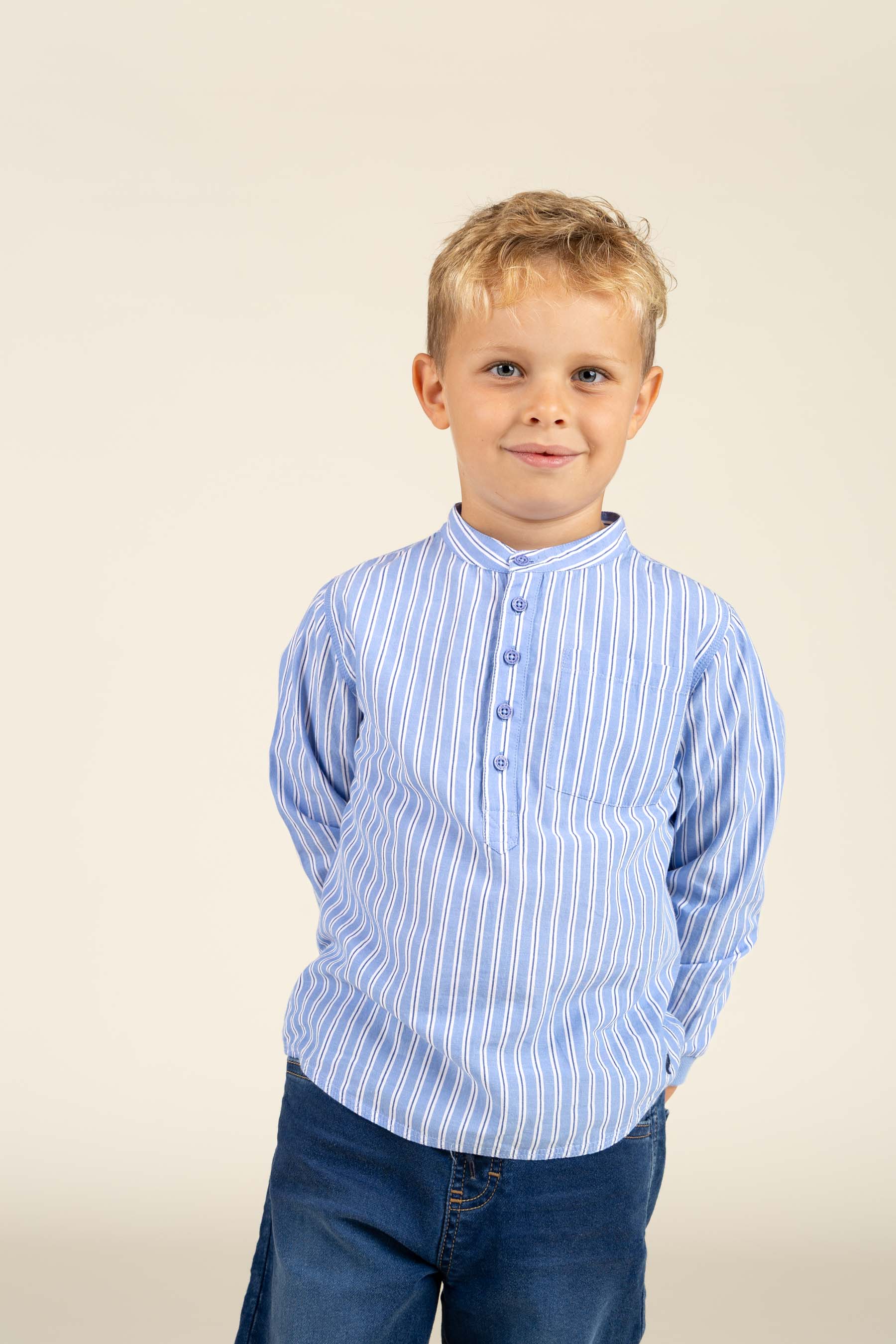 Gestreept overhemd met opstaande kraag - Kids - Blue Stripe | 100488 Kai