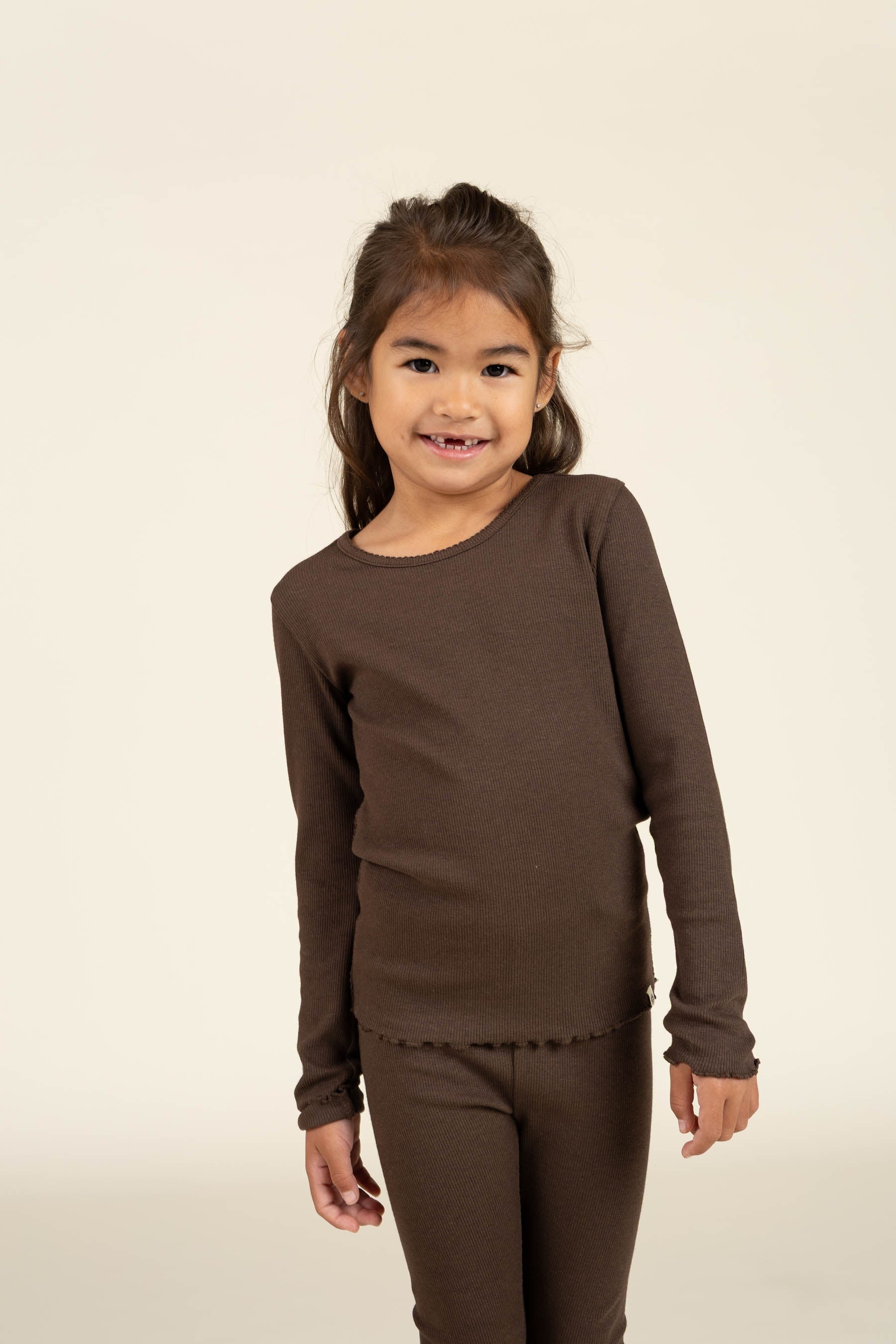 Modal Rib-T-shirt met lange mouwen en Picot-randje - Kids - Chocolate | 100576 Mia