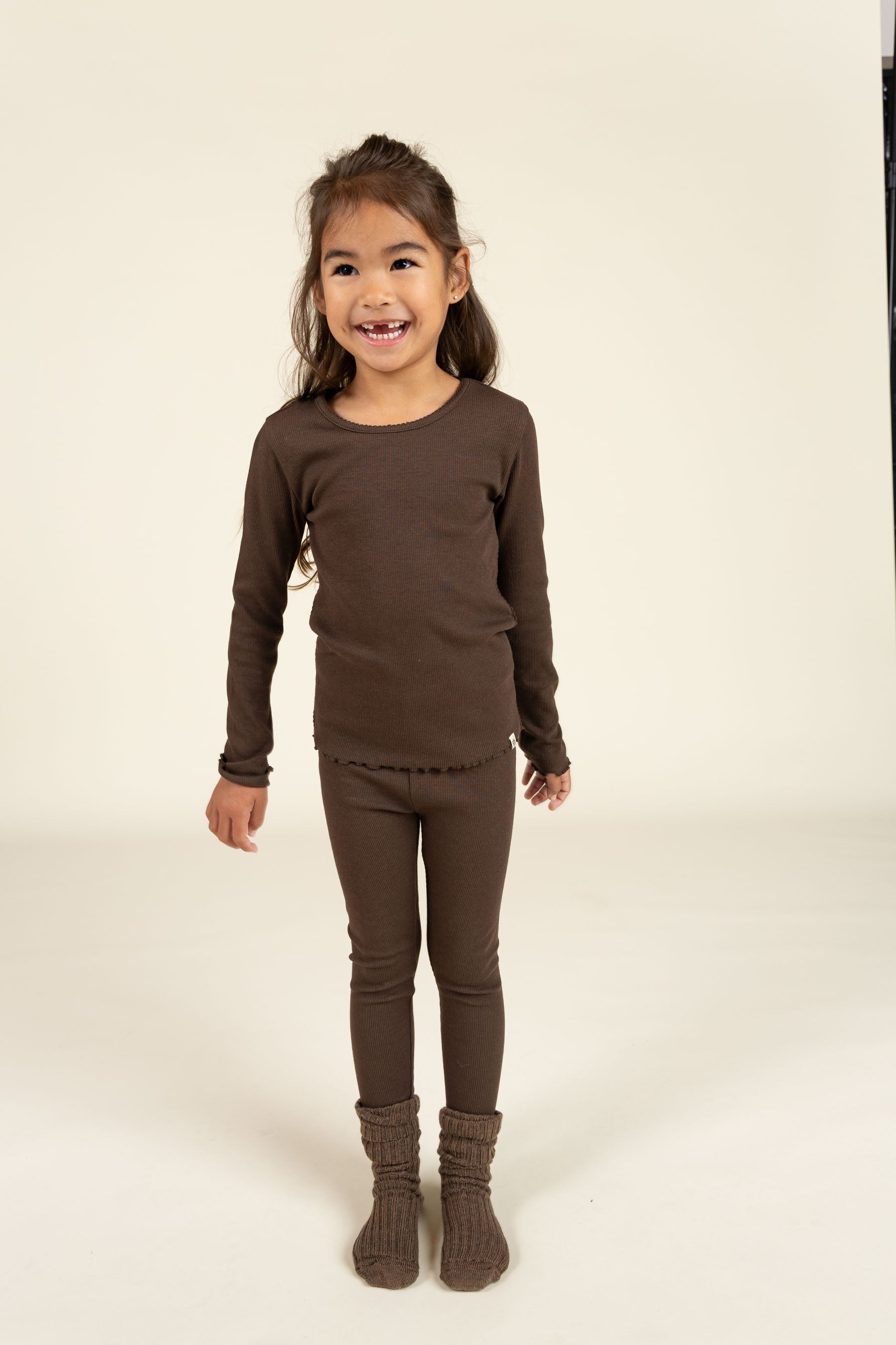 Modal Rib-T-shirt met lange mouwen en Picot-randje - Kids - Chocolate | 100576 Mia