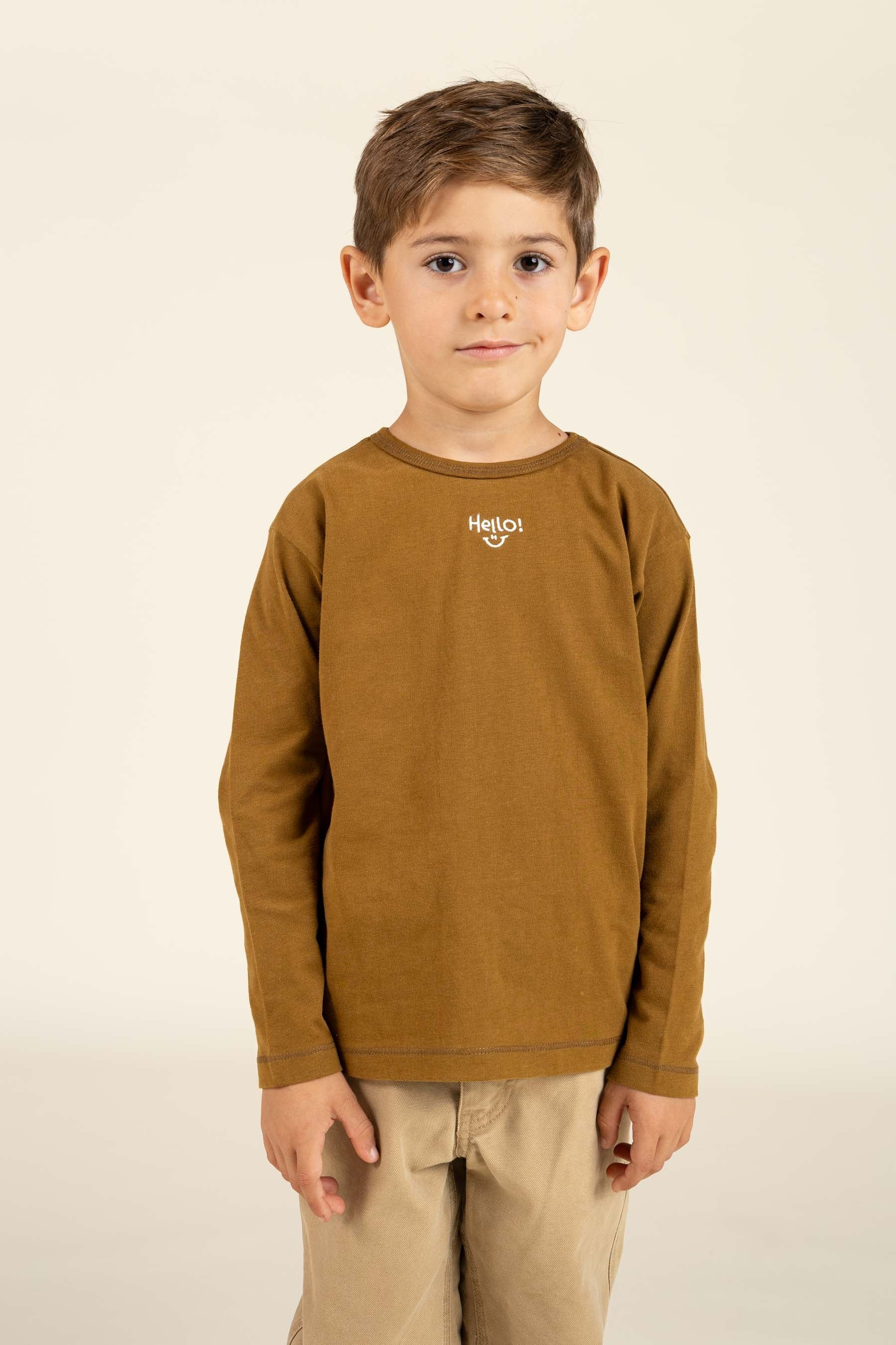 T-shirt met lange mouwen en borduursel - Kids - Walnut | 100854 Brandon