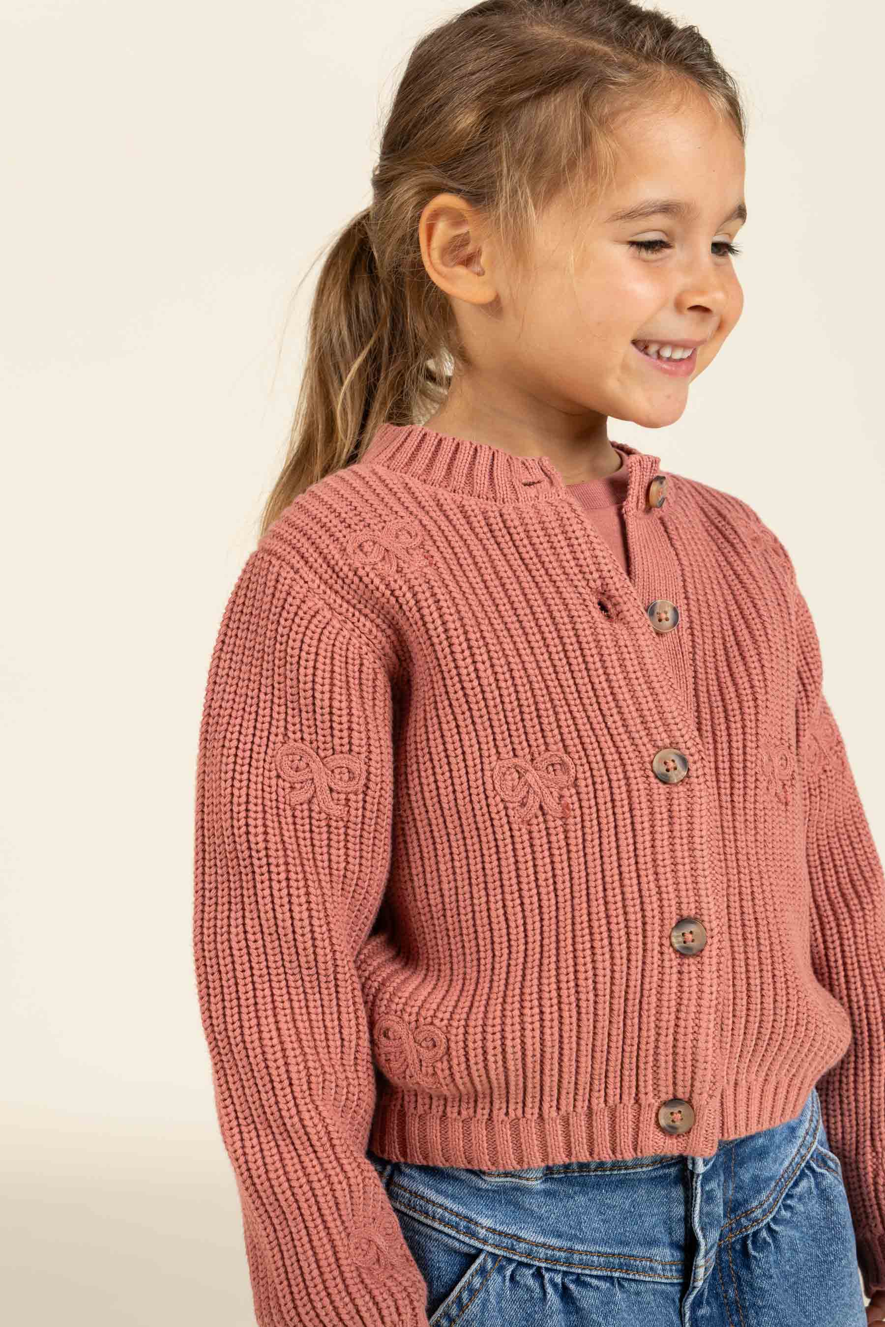 Gebreid katoenen vest met strikjes - Tween - Old Rose | 100793 Freya