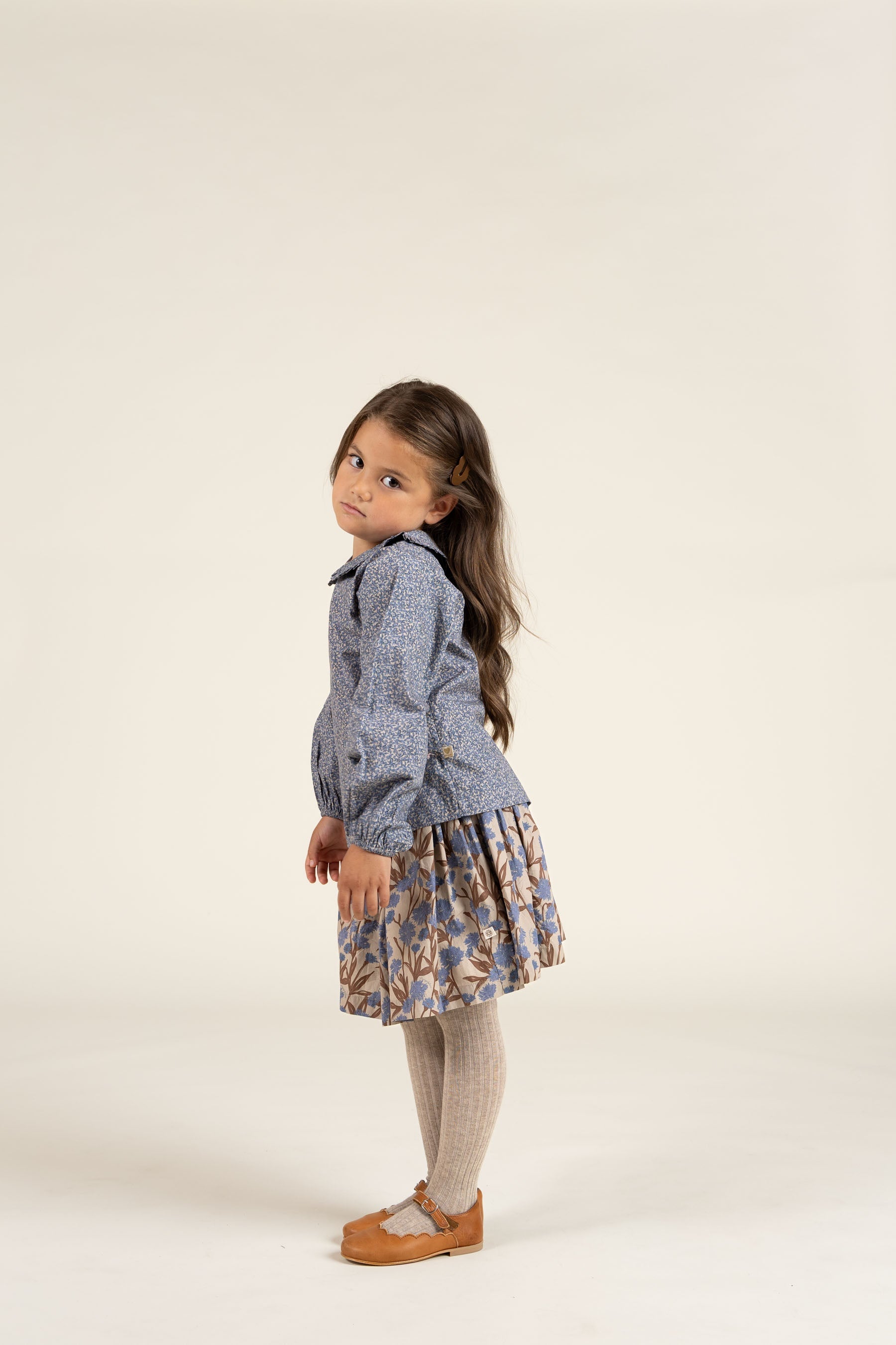 Bedrukte katoenen popeline blouse met kraag - Kids - Blue | 100798 Allie