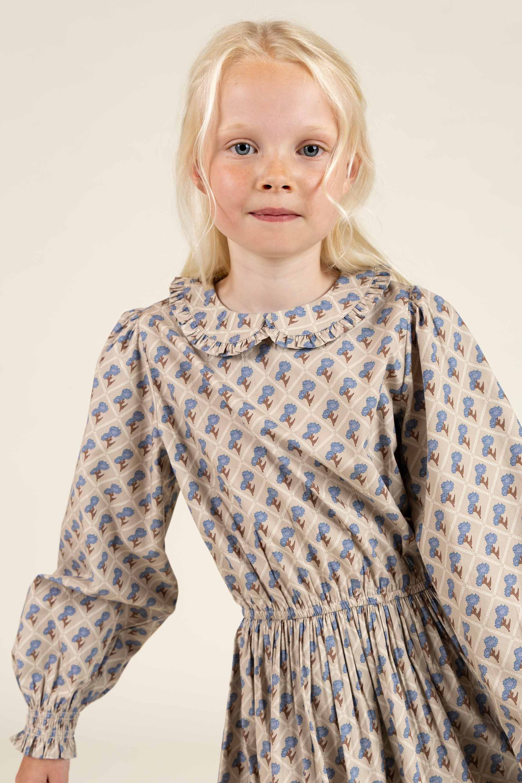 Bedrukte katoenen popeline jurk met elastiek in de taille - Tween - Caffe Latte w. Blue | 100801 Amine