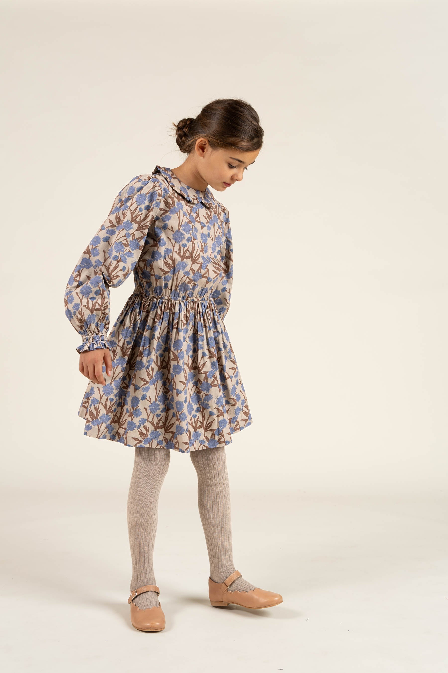 Bedrukte katoenen popeline jurk met elastiek in de taille - Tween - Blue / Brown | 100719 Amy