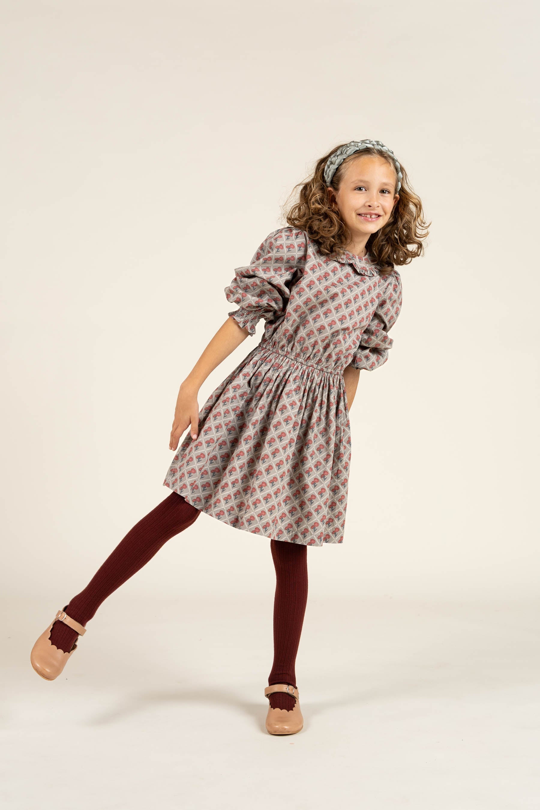 Bedrukte katoenen popeline jurk met elastiek in de taille - Tween - Green w. Vintage Red | 100800 Amine