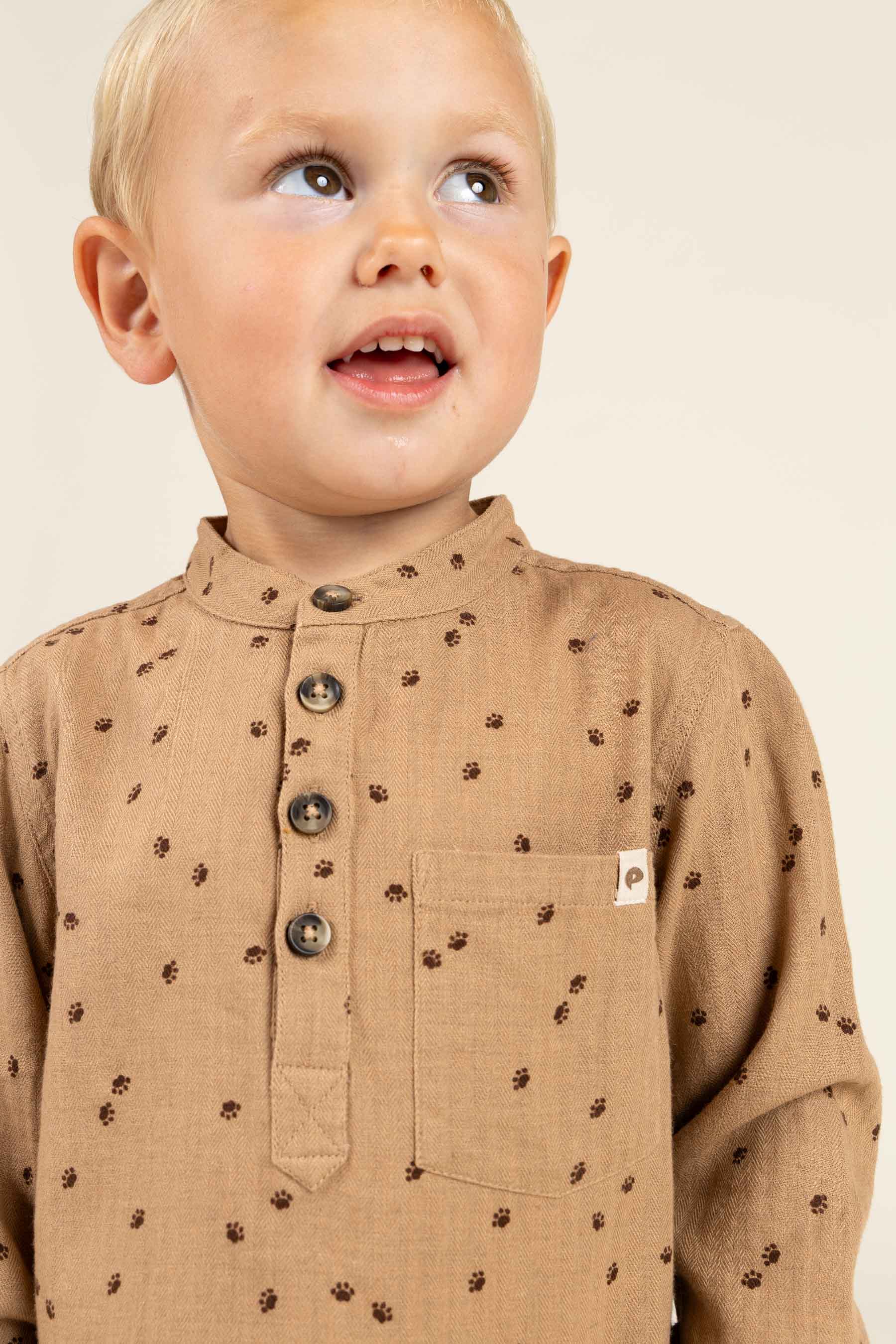 Visgraat Geweven Katoenen Shirt met Print - Kids - Light Brown | 100760 Edward