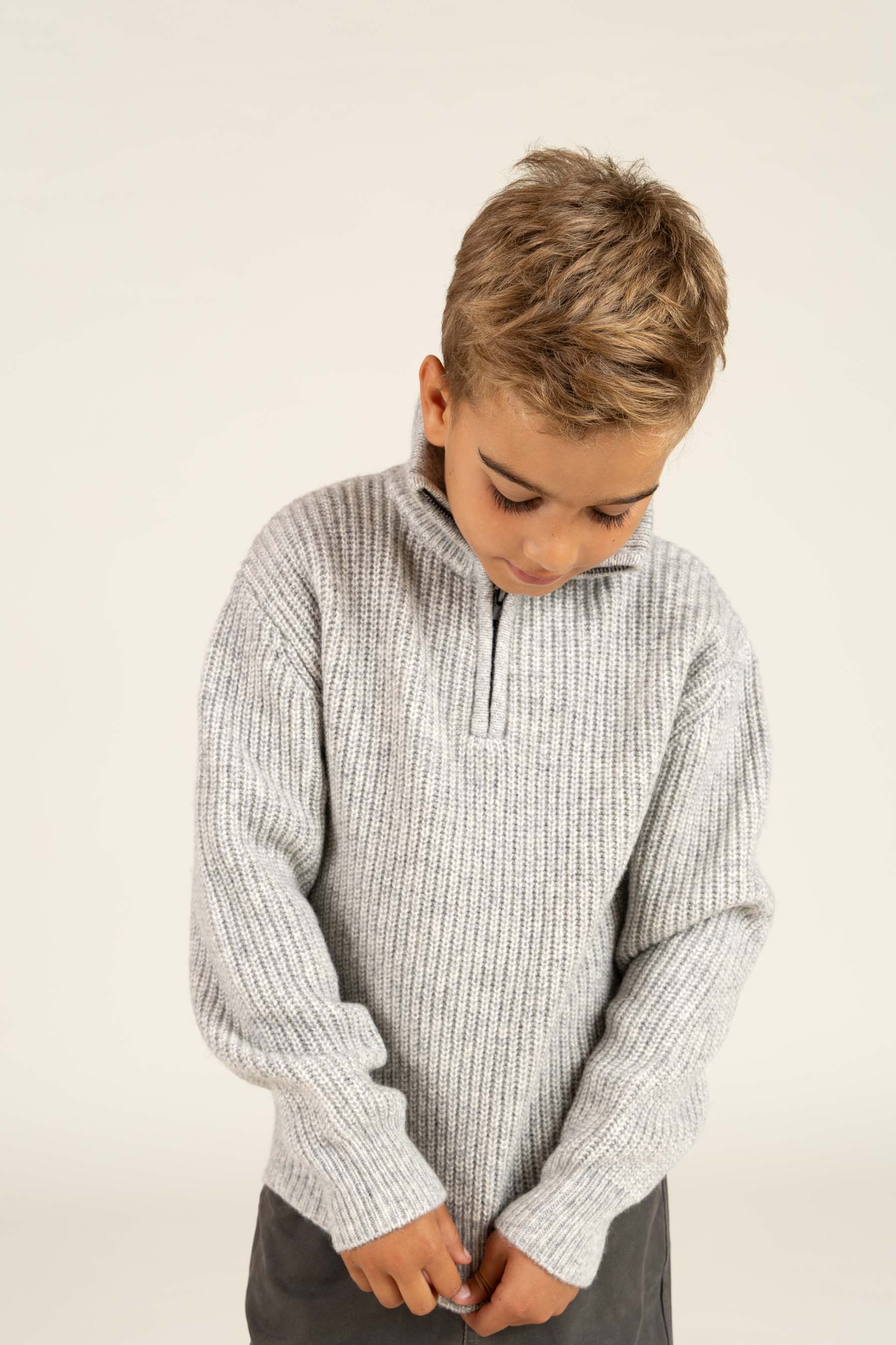 Trui van wolmix met halve rits - Tween - Grey Melange | 100753 Adam