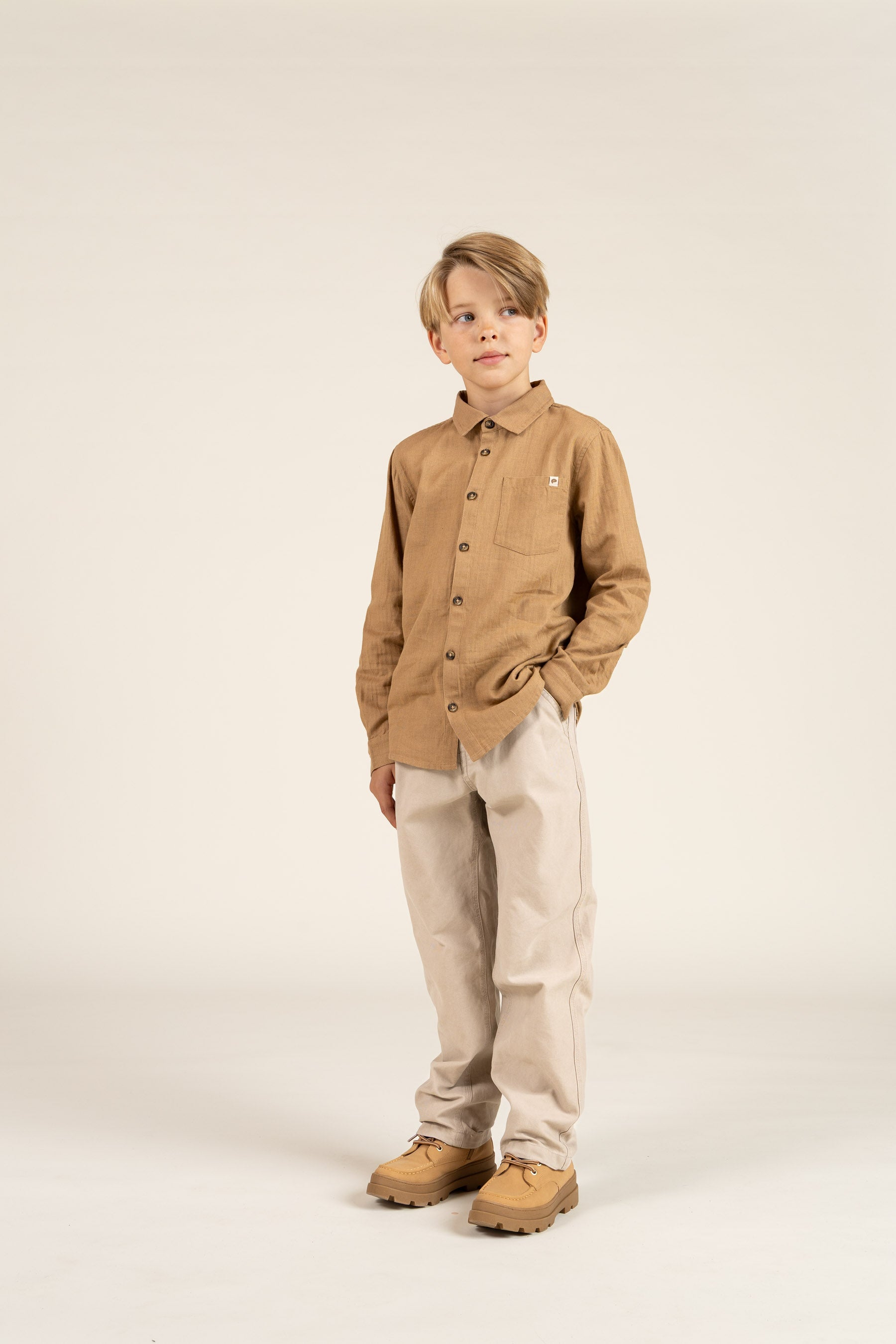 Visgraat Geweven Katoenen Shirt - Tween - Light Brown | 100804 Edward