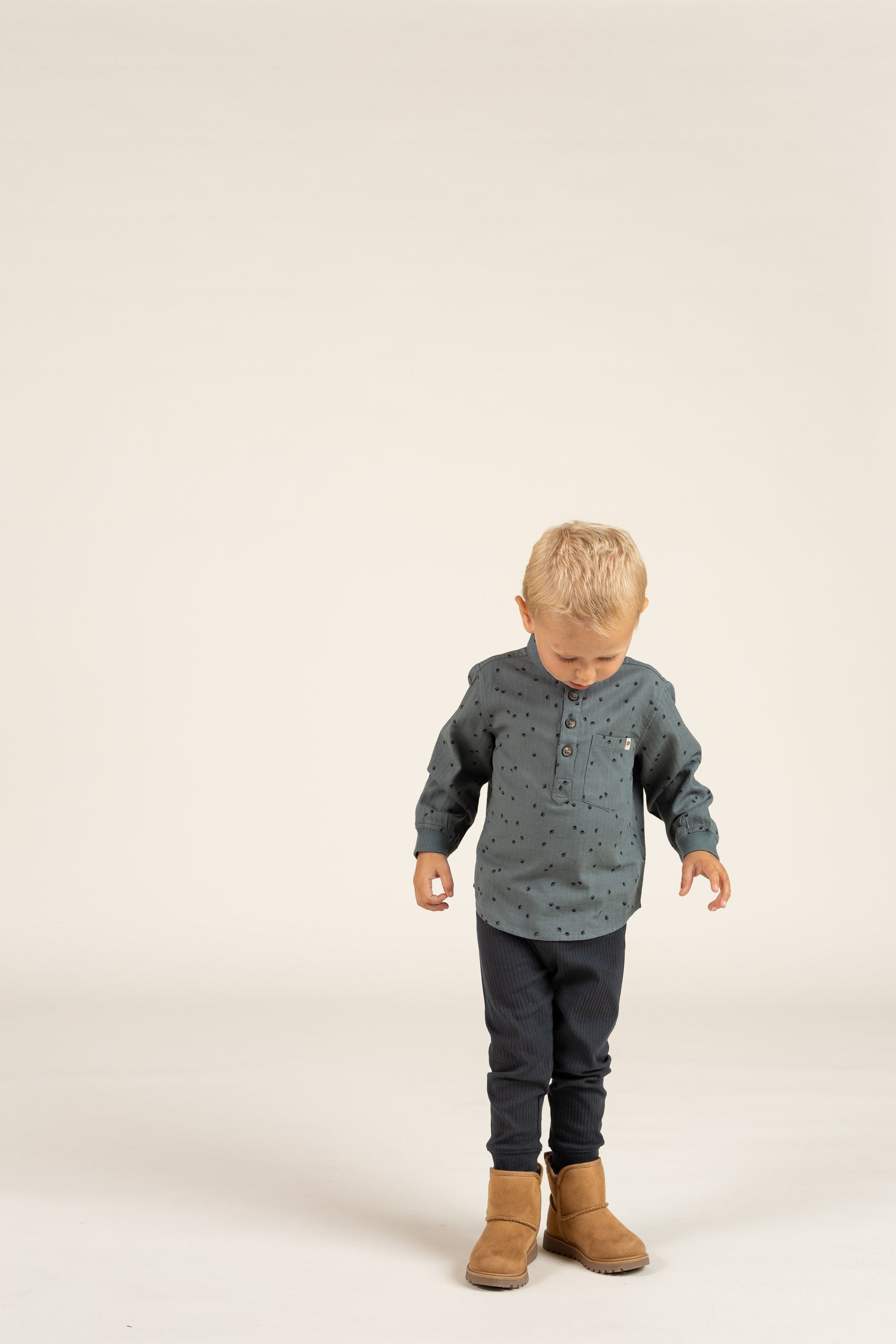 Visgraat Geweven Katoenen Shirt met Print - Kids - Dark Dusty Green | 100761 Edward