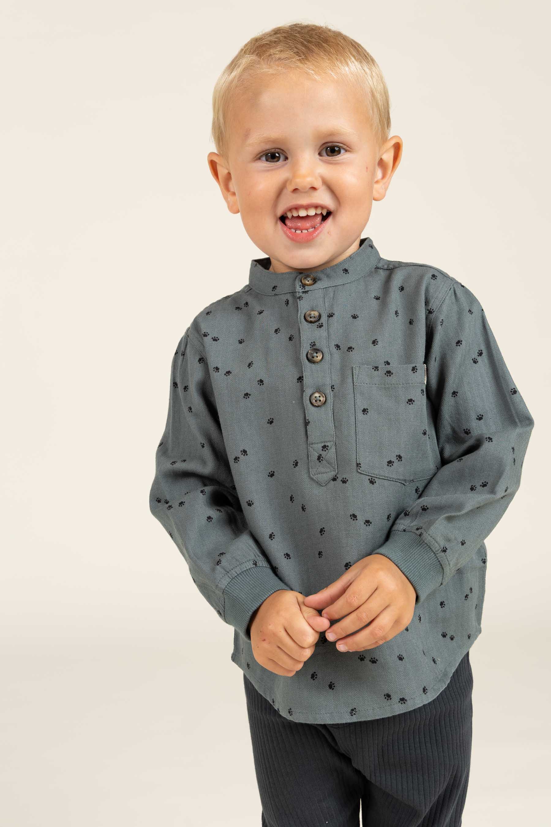 Visgraat Geweven Katoenen Shirt met Print - Kids - Dark Dusty Green | 100761 Edward