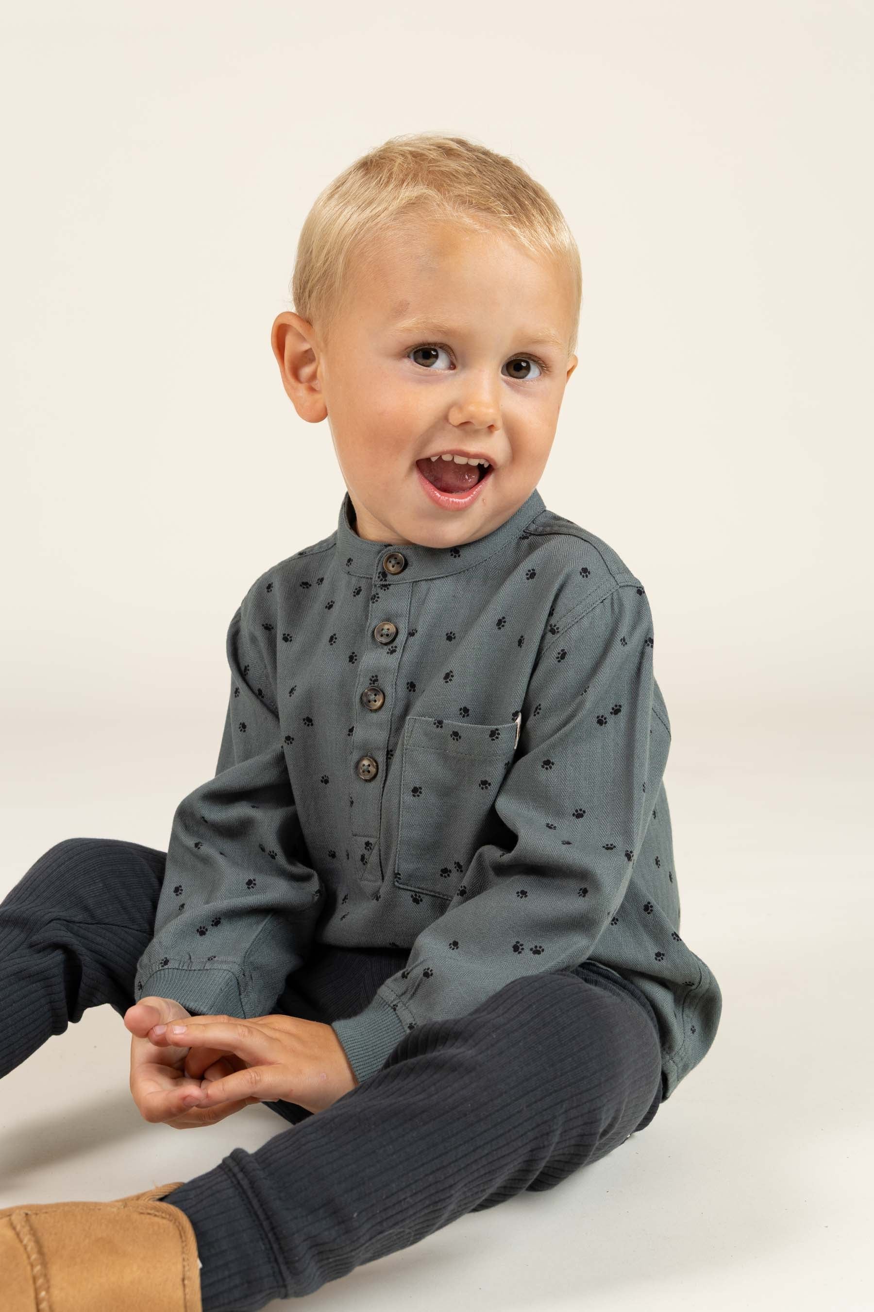 Visgraat Geweven Katoenen Shirt met Print - Kids - Dark Dusty Green | 100761 Edward