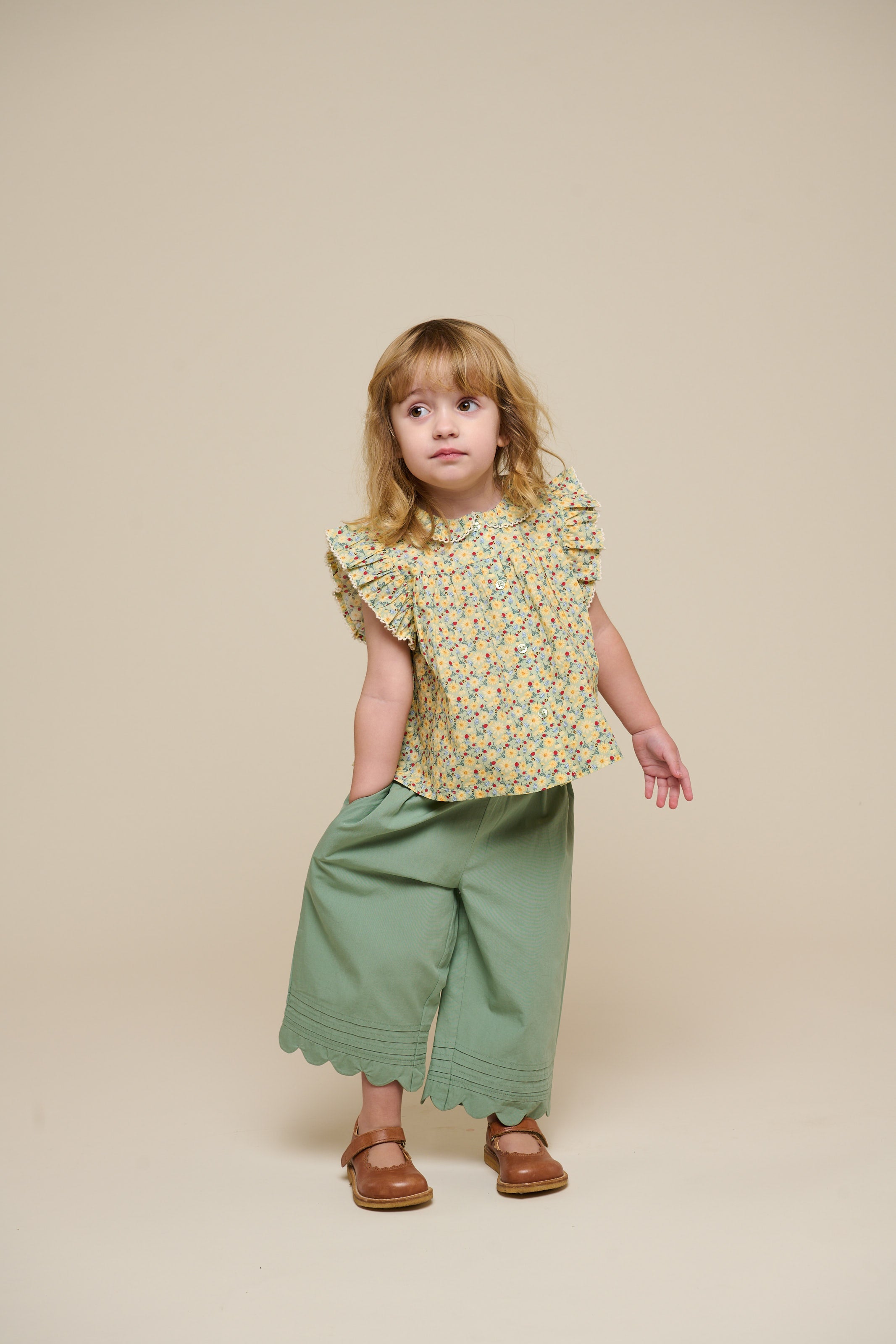 Poplinbroek met Geschulpte Rand - Kids - Dusty Green | 101049 Joy