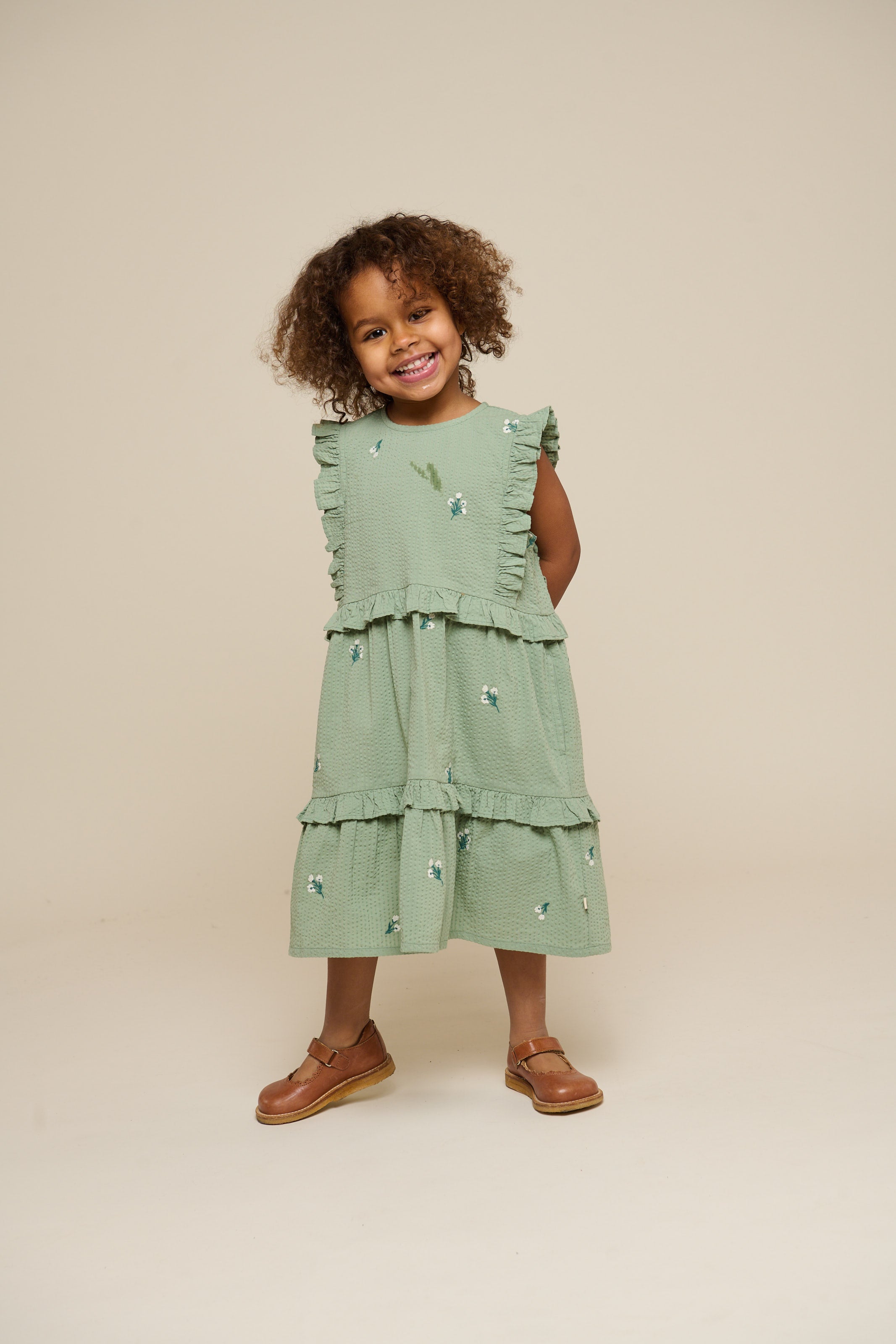 Geborduurde Seersucker Jurk - Kids - Dusty Green | 100976 Nora