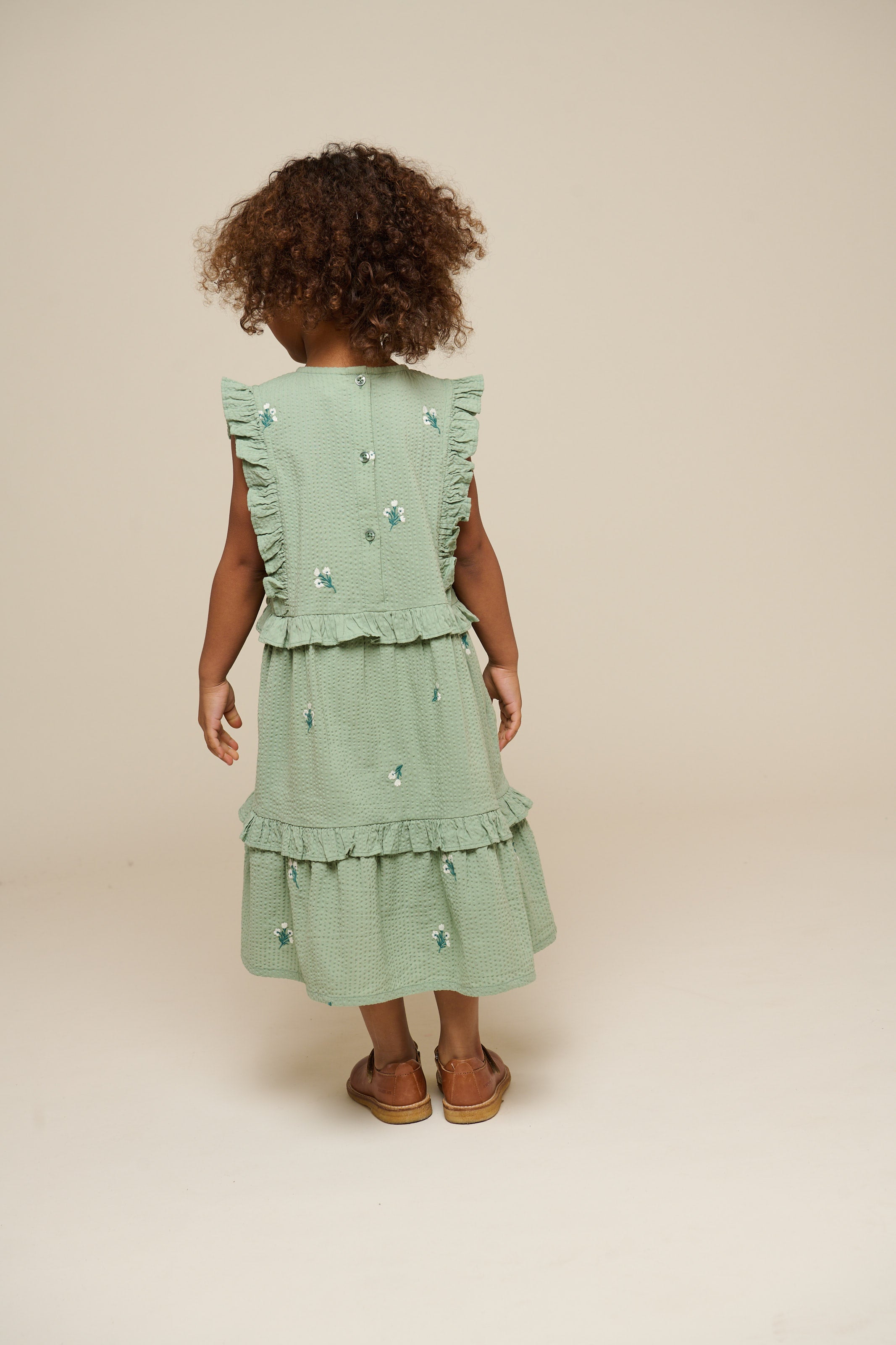 Geborduurde Seersucker Jurk - Kids - Dusty Green | 100976 Nora
