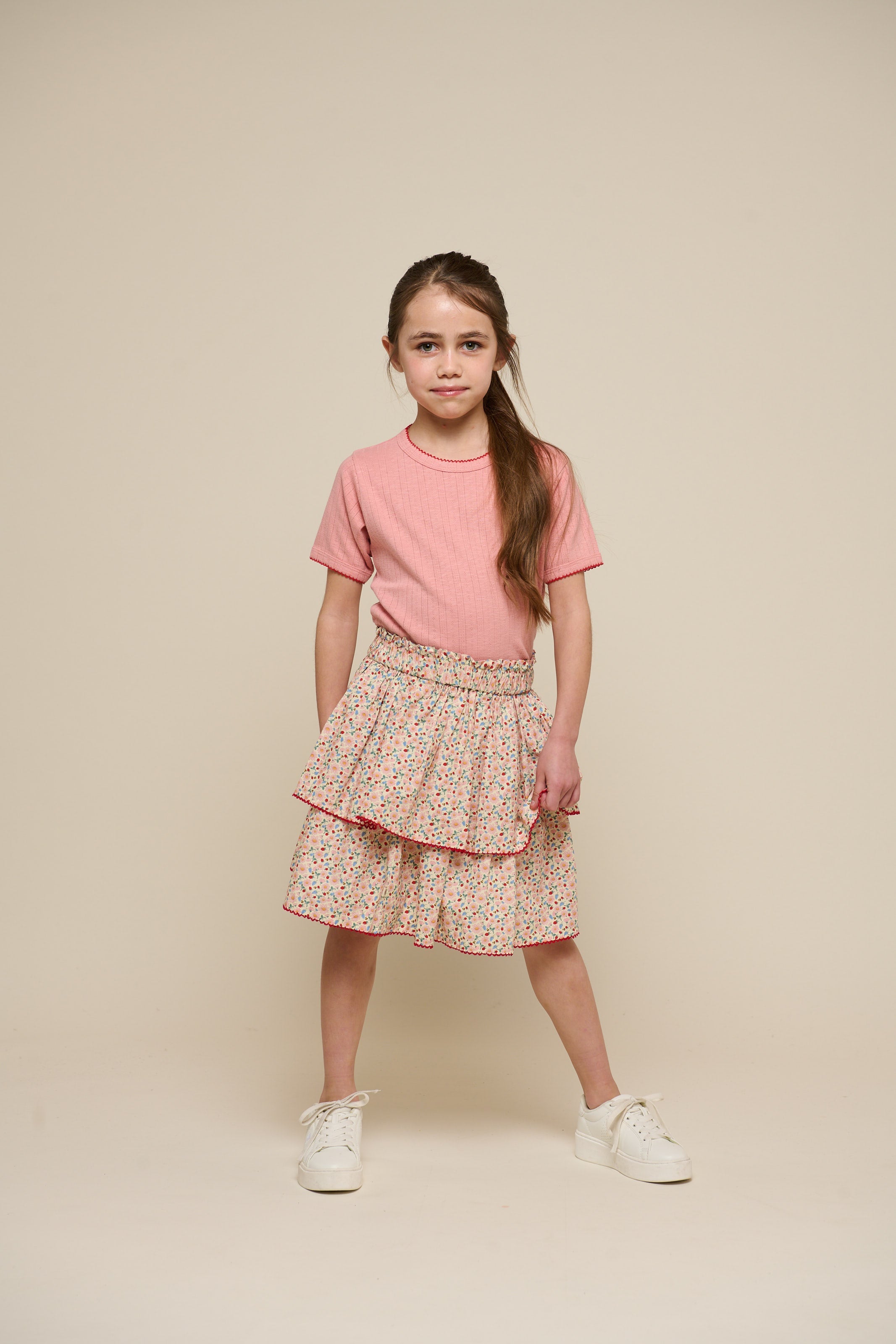 Poplin rok met bloemenprint en ruche - Tween - Rose | 100953 Poppy