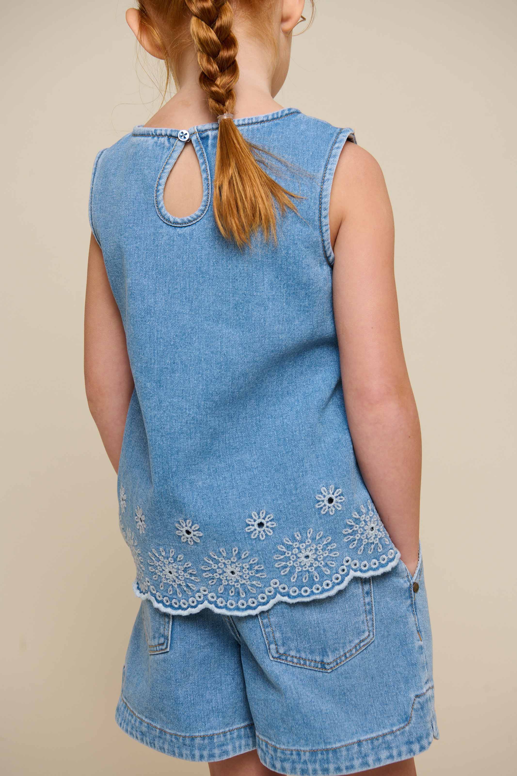 Geborduurde Denim Top - Kids - Light Blue Denim | 101020 Vera