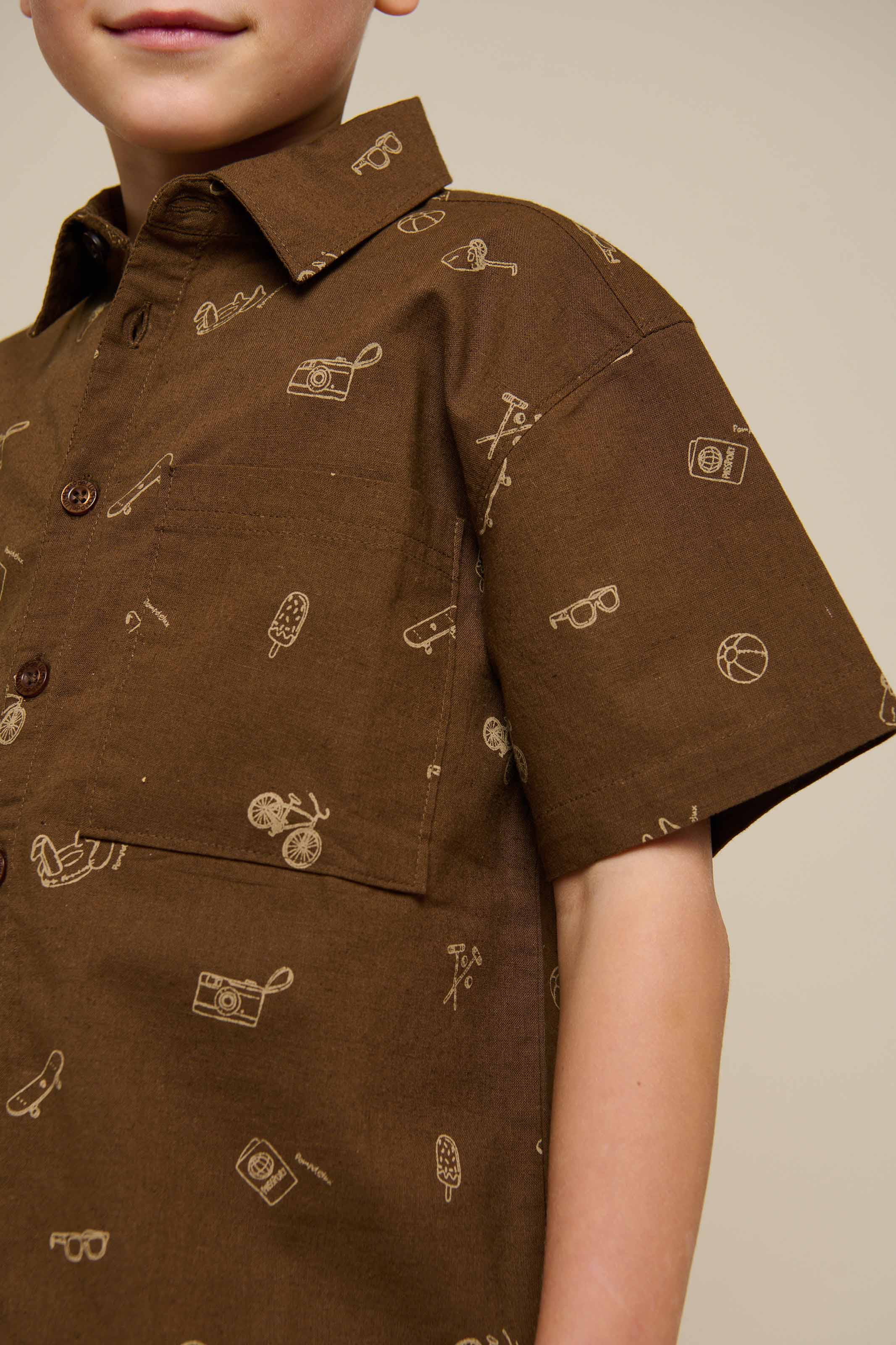 Bedrukt linnenmix overhemd - Tween - Dark Brown | 101168 William