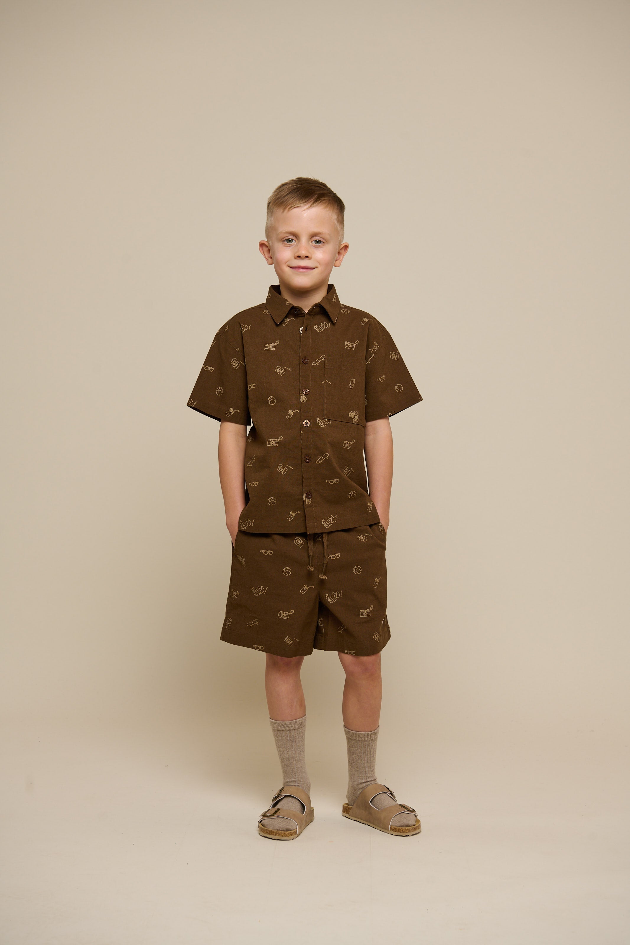 Bedrukt linnenmix overhemd - Tween - Dark Brown | 101168 William