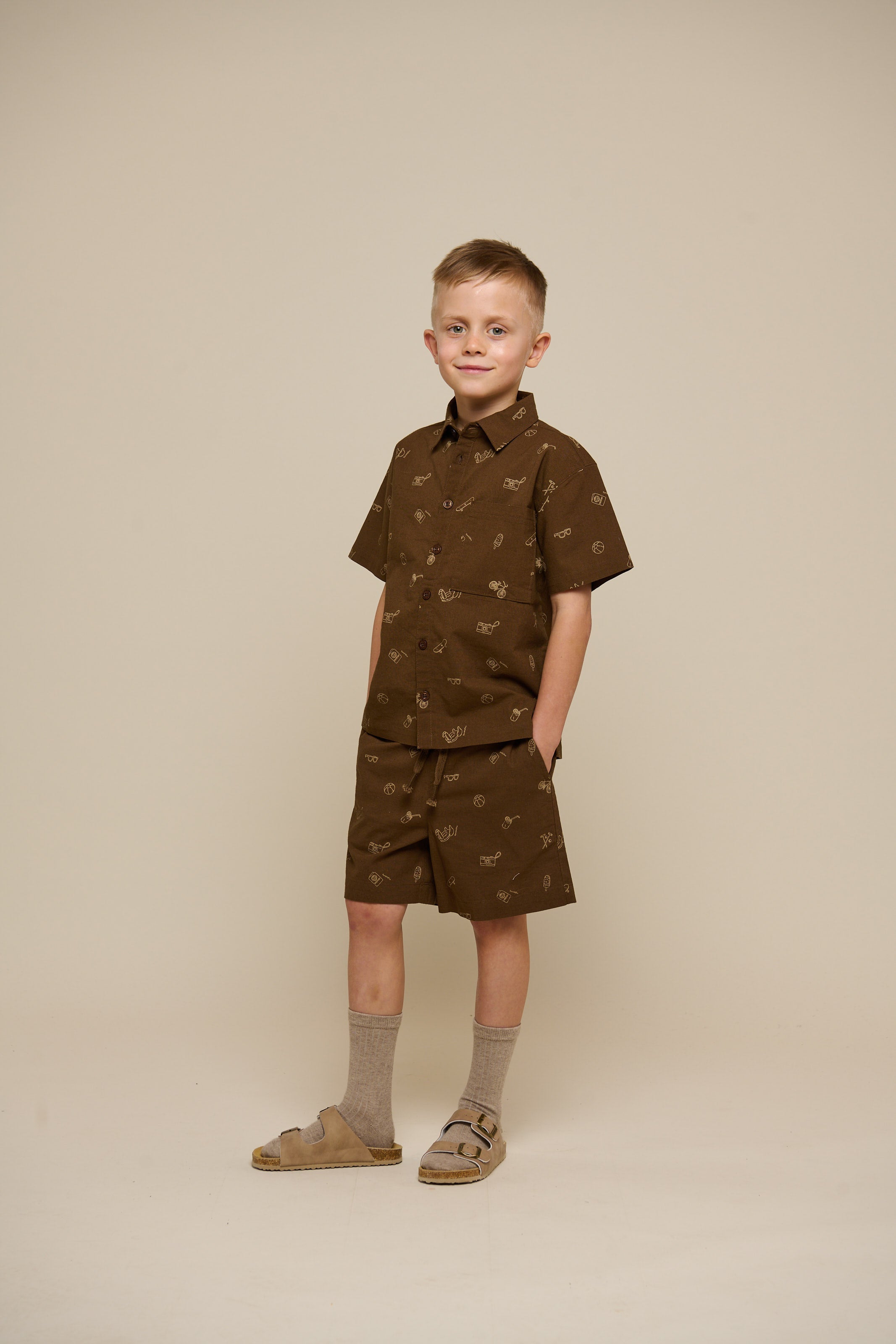 Bedrukte Linnenmix Shorts - Tween - Dark Brown | 101172 William