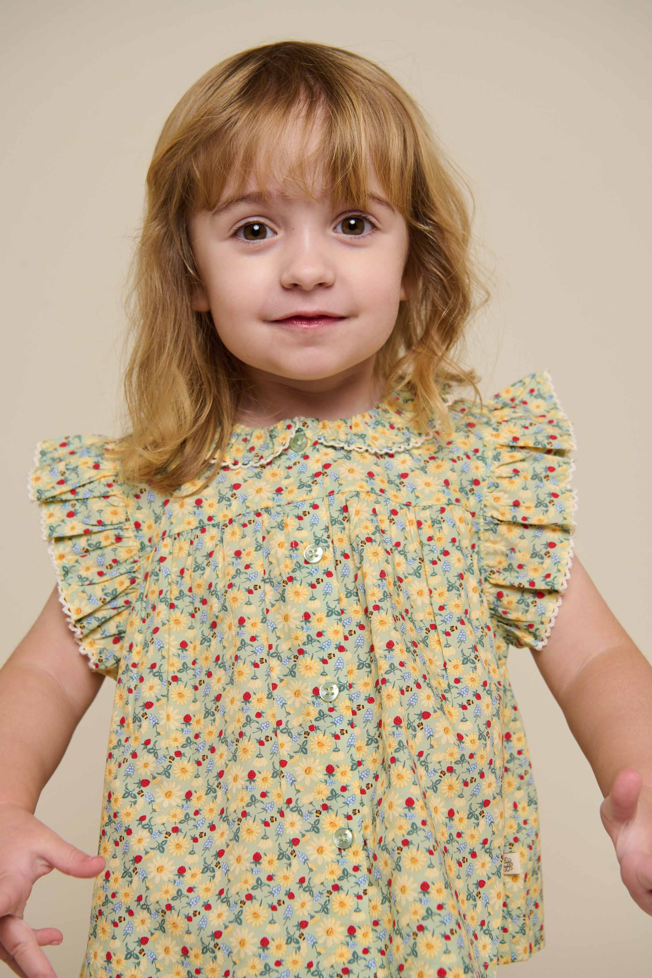 Poplin Top met Bloemenprint en Ruche - Kids - Green | 100950 Poppy