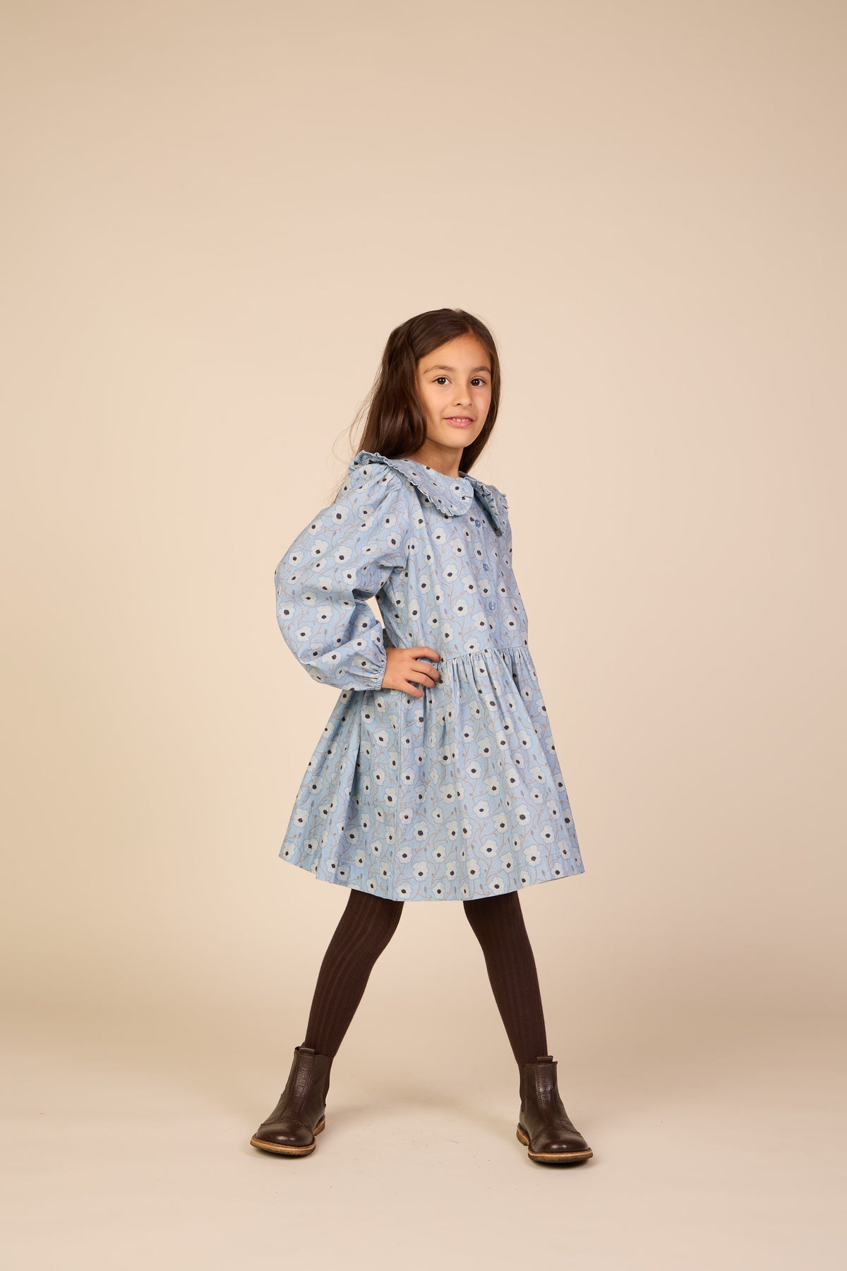 Gebloemde katoenen jurk met rucheskraag Tween - Blue/Brown | 101428 Nova