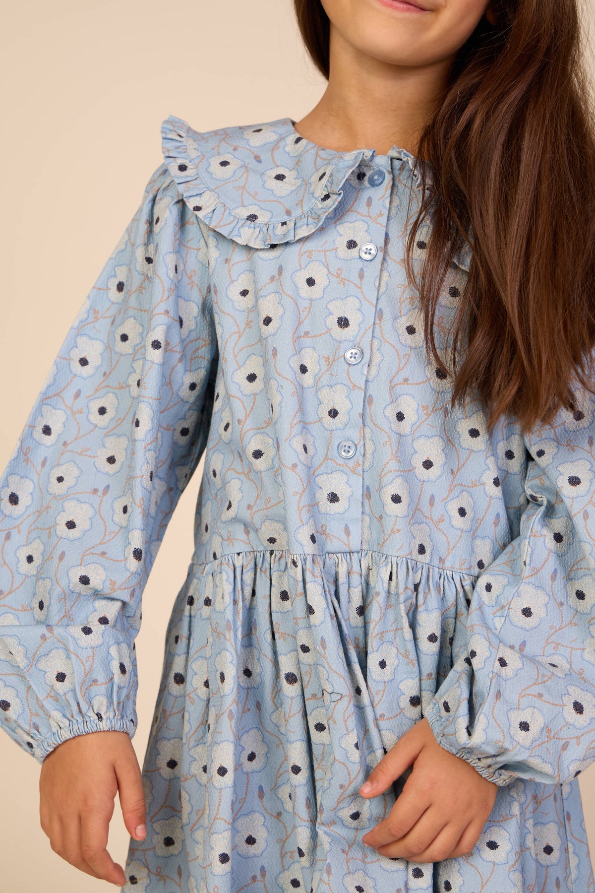 Gebloemde katoenen jurk met rucheskraag Tween - Blue/Brown | 101428 Nova