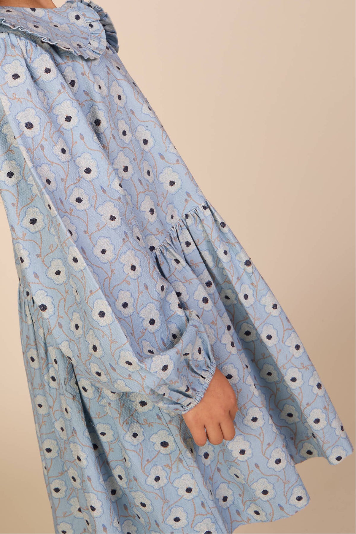 Gebloemde katoenen jurk met rucheskraag Kids - Blue/Brown | 101427 Nova