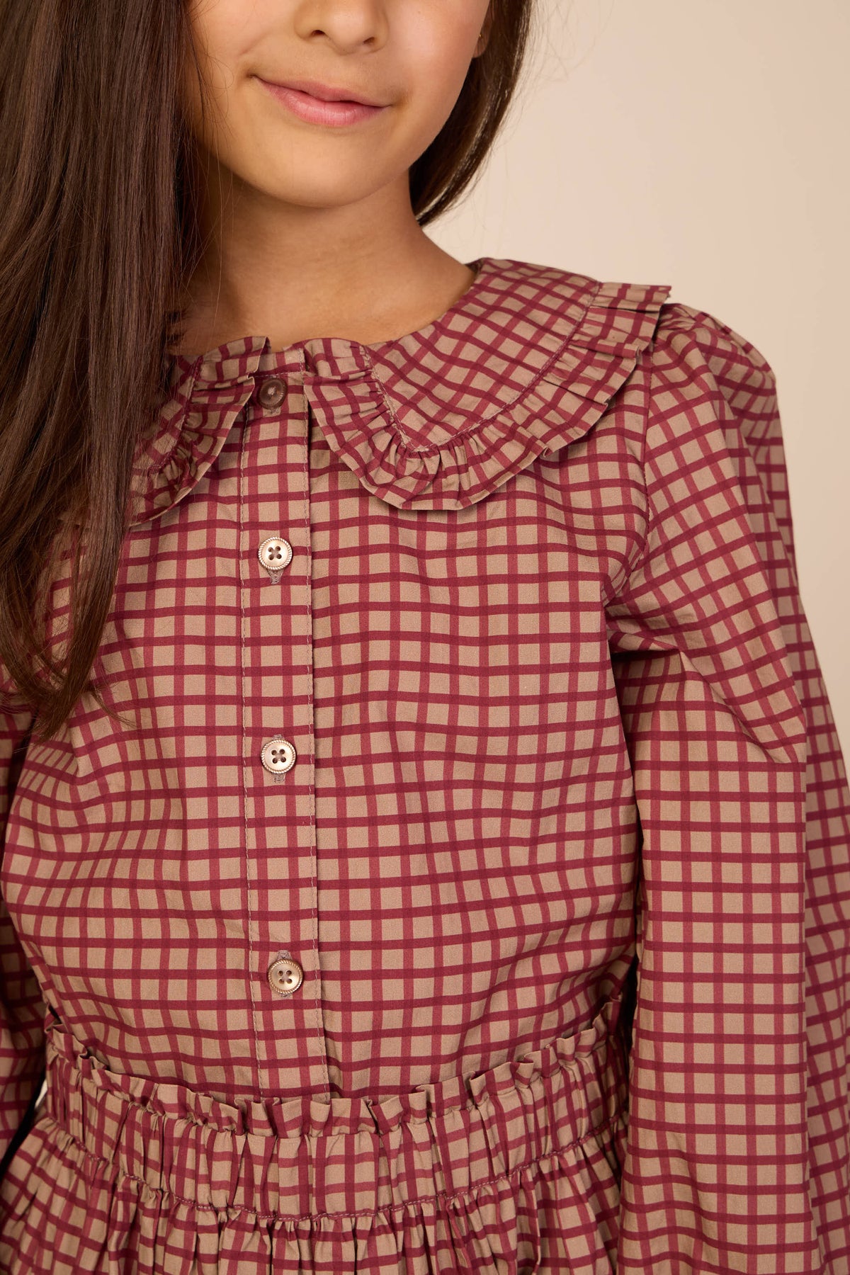 Poplin blouse met rucheskraag Tween - Bordeaux Check | 101450 Julia