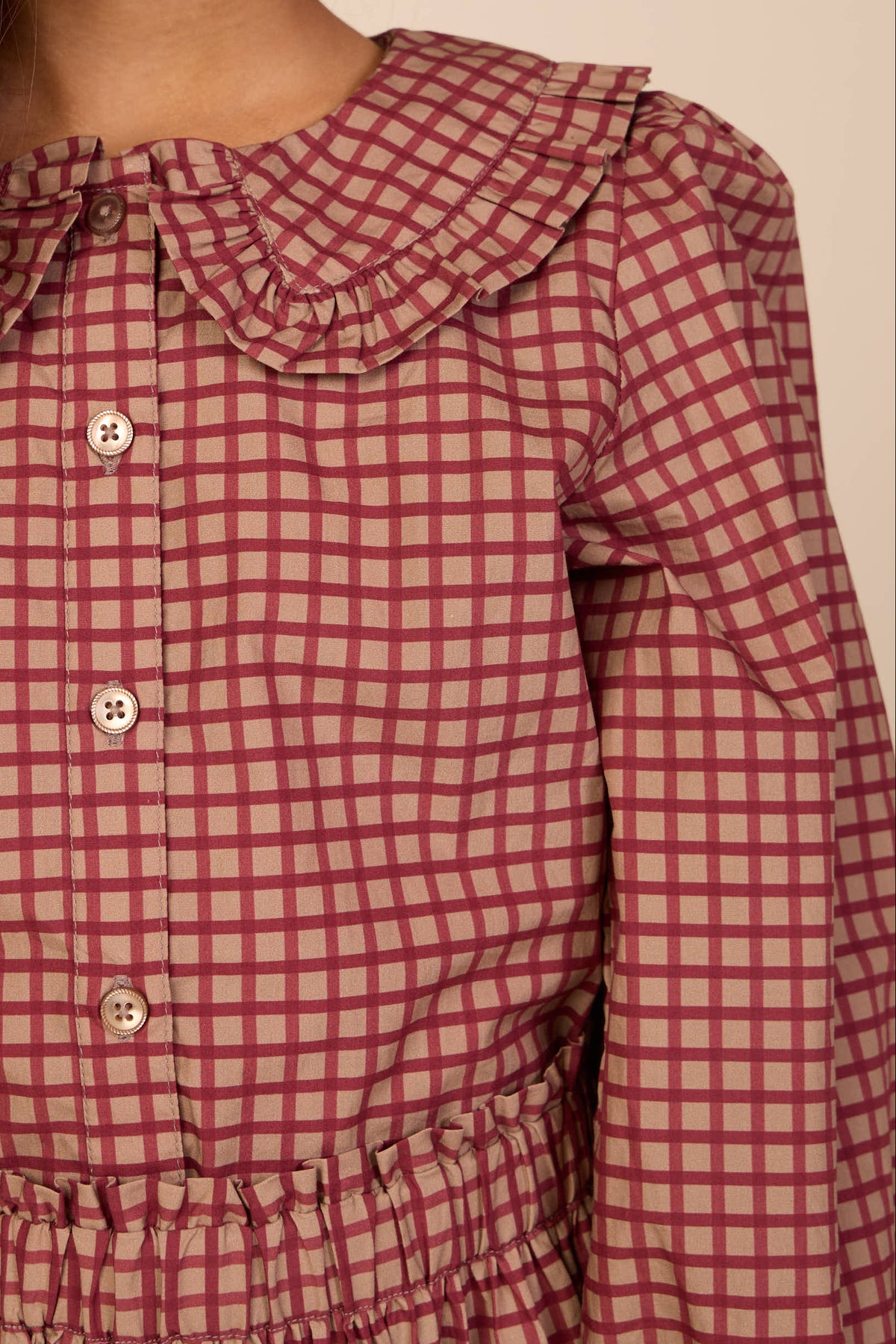 Poplin blouse met rucheskraag Kids - Bordeaux Check | 101449 Julia