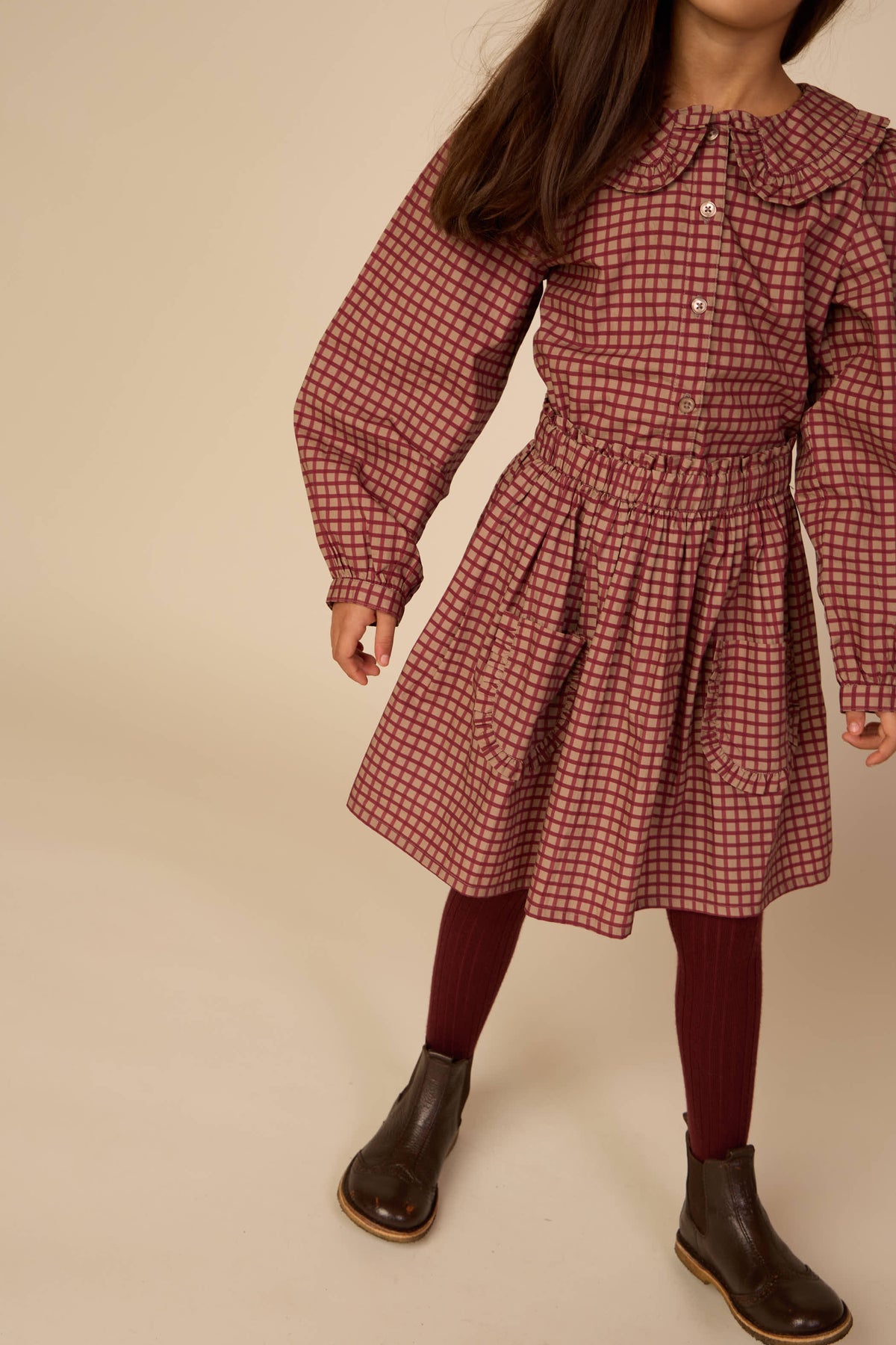 Poplin rok met ruchezakken Tween - Bordeaux Check | 101444 Julia