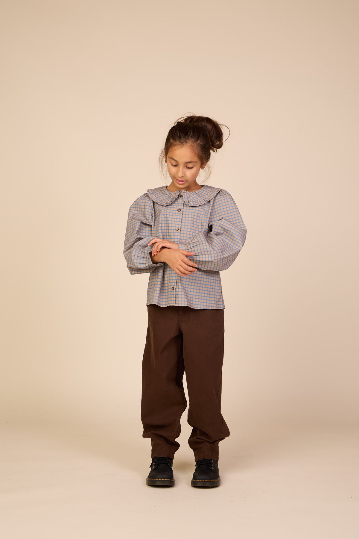 Poplin blouse met rucheskraag Tween - Blue Check | 101452 Julia