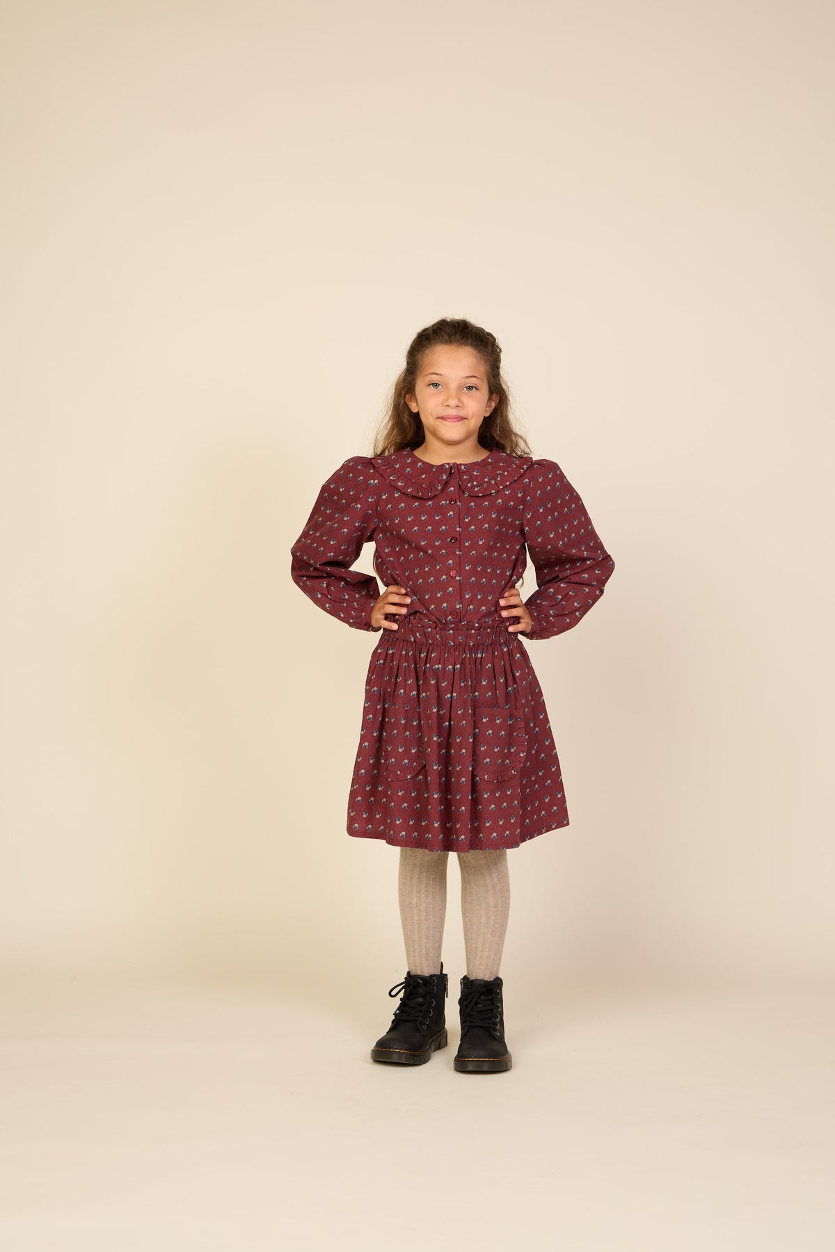 Poplin rok met ruchezakken Tween - Bordeaux Flowerprint | 101448 Julia