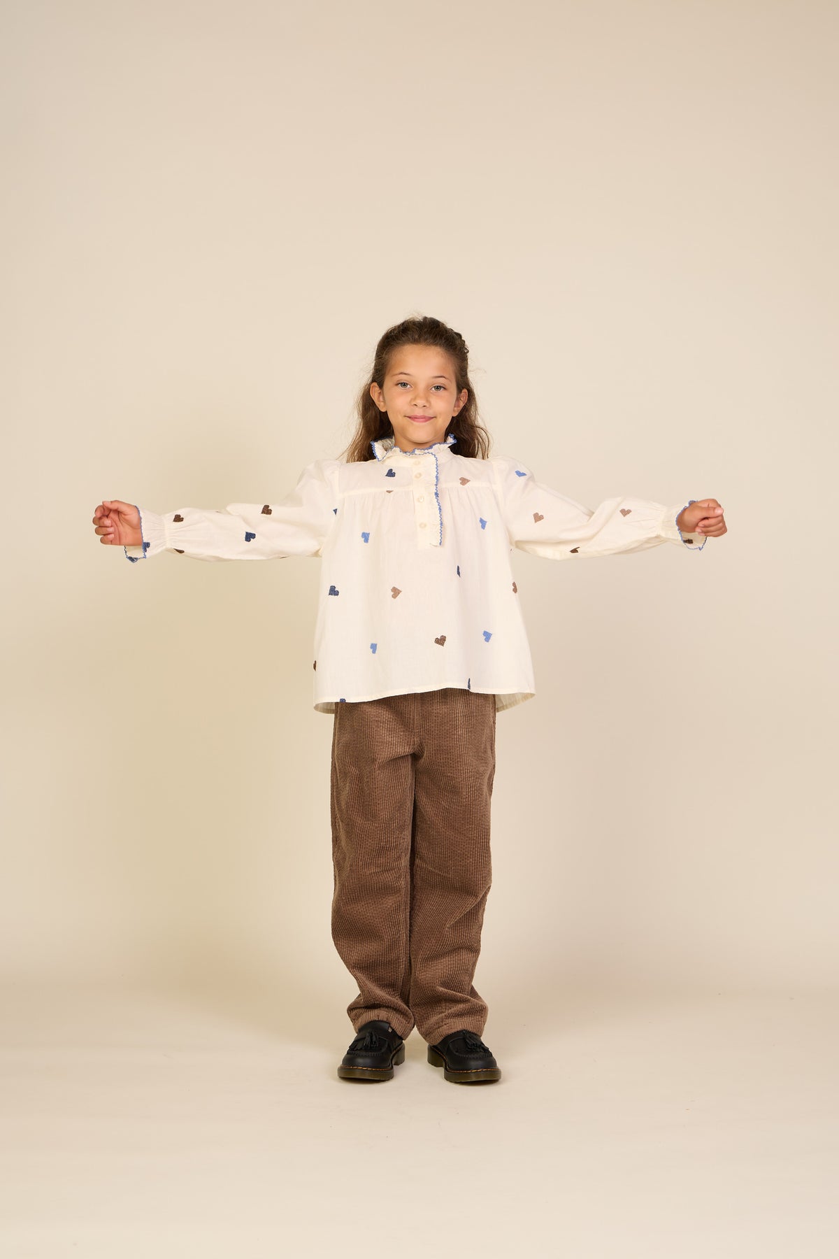 Katoenen blouse met hartborduursel Tween - Blue/Brown | 101456 Elina